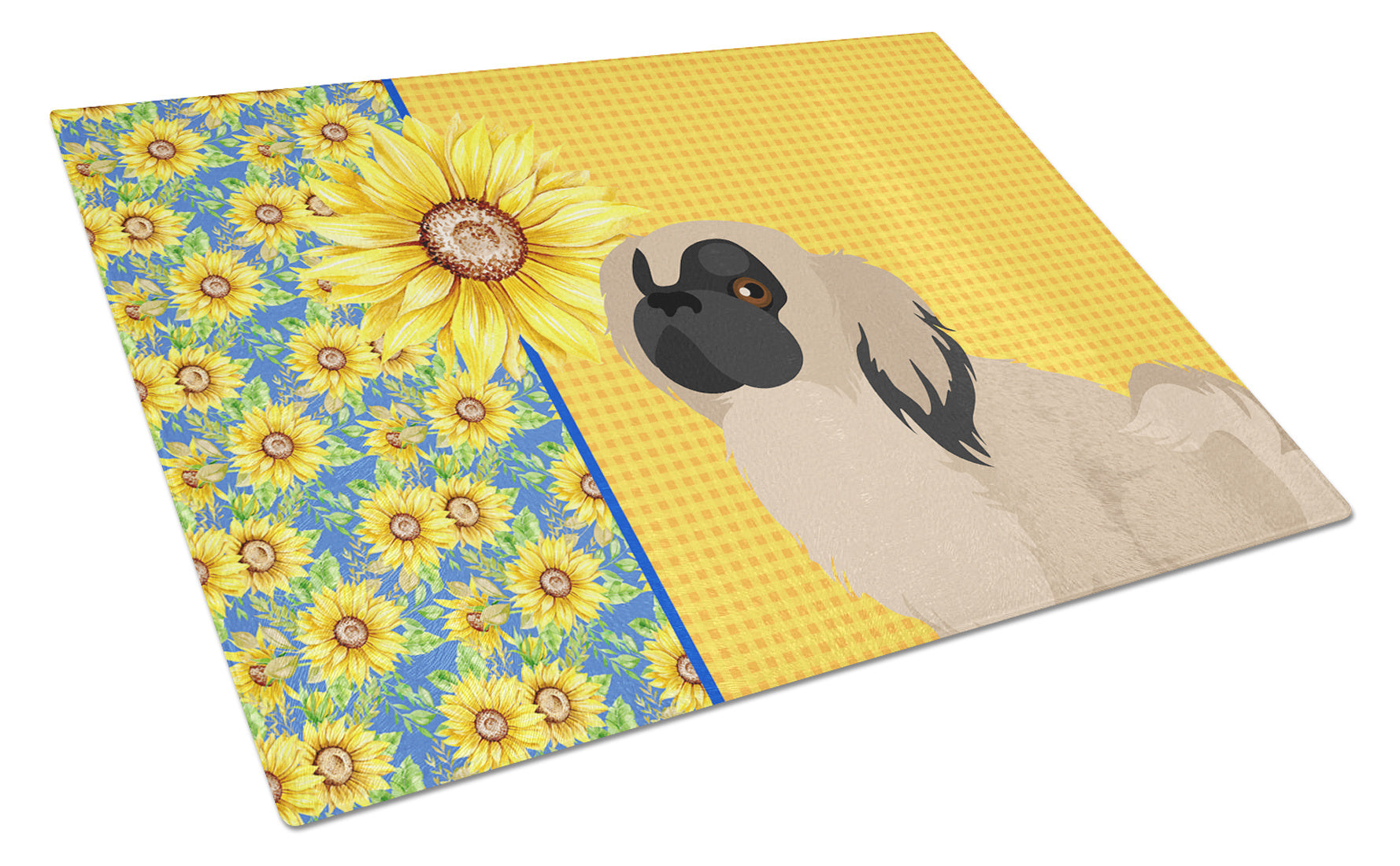 Summer Sunflowers Cream Pekingese Glass Cutting Board Decorative Tempered Glass Kitchen Cutting and Serving Board Large Size Chopping Board