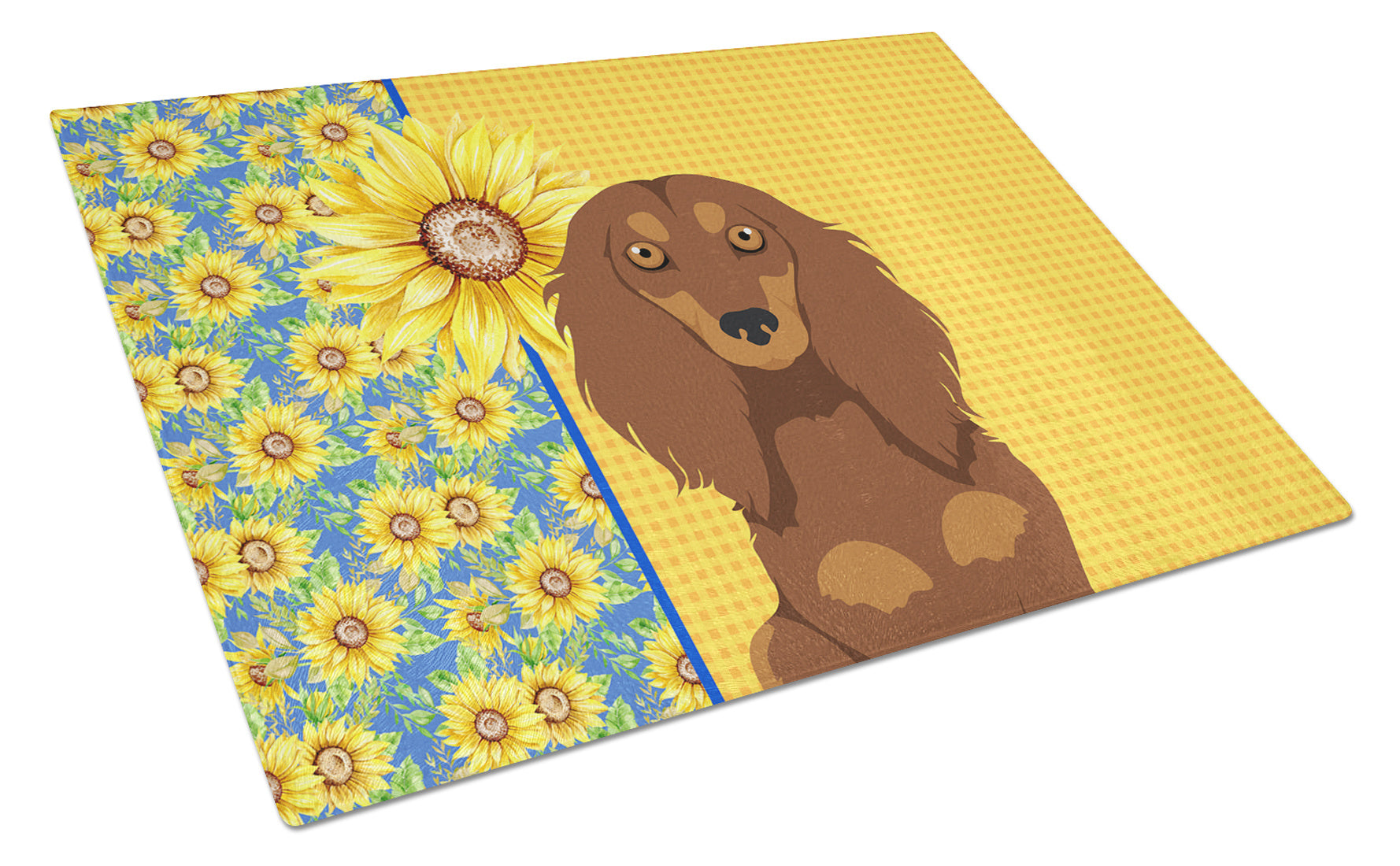 Summer Sunflowers Longhair Chocolate and Tan Dachshund Glass Cutting Board Decorative Tempered Glass Kitchen Cutting and Serving Board Large Size Chopping Board