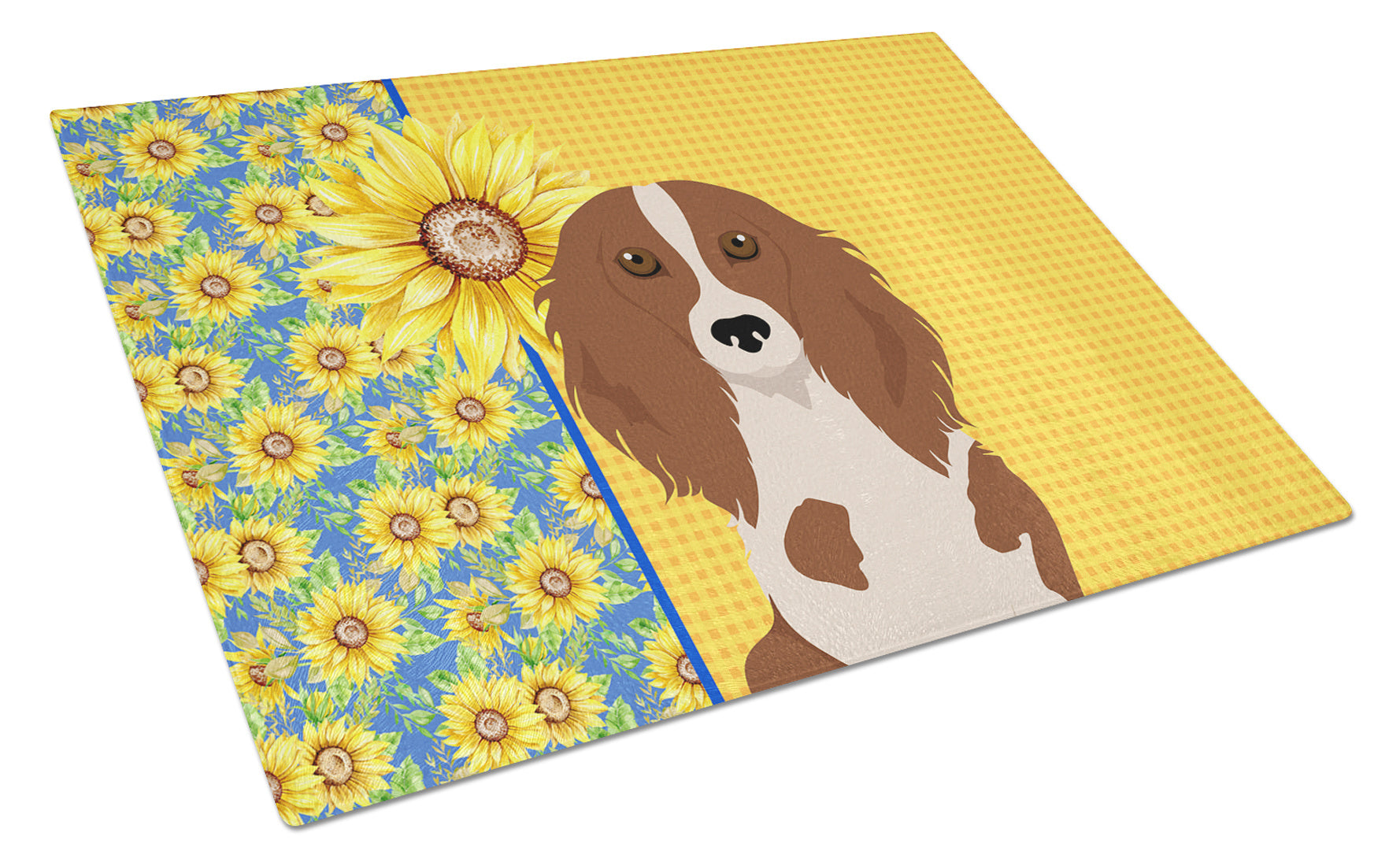 Summer Sunflowers Longhair Red Pedbald Dachshund Glass Cutting Board Decorative Tempered Glass Kitchen Cutting and Serving Board Large Size Chopping Board