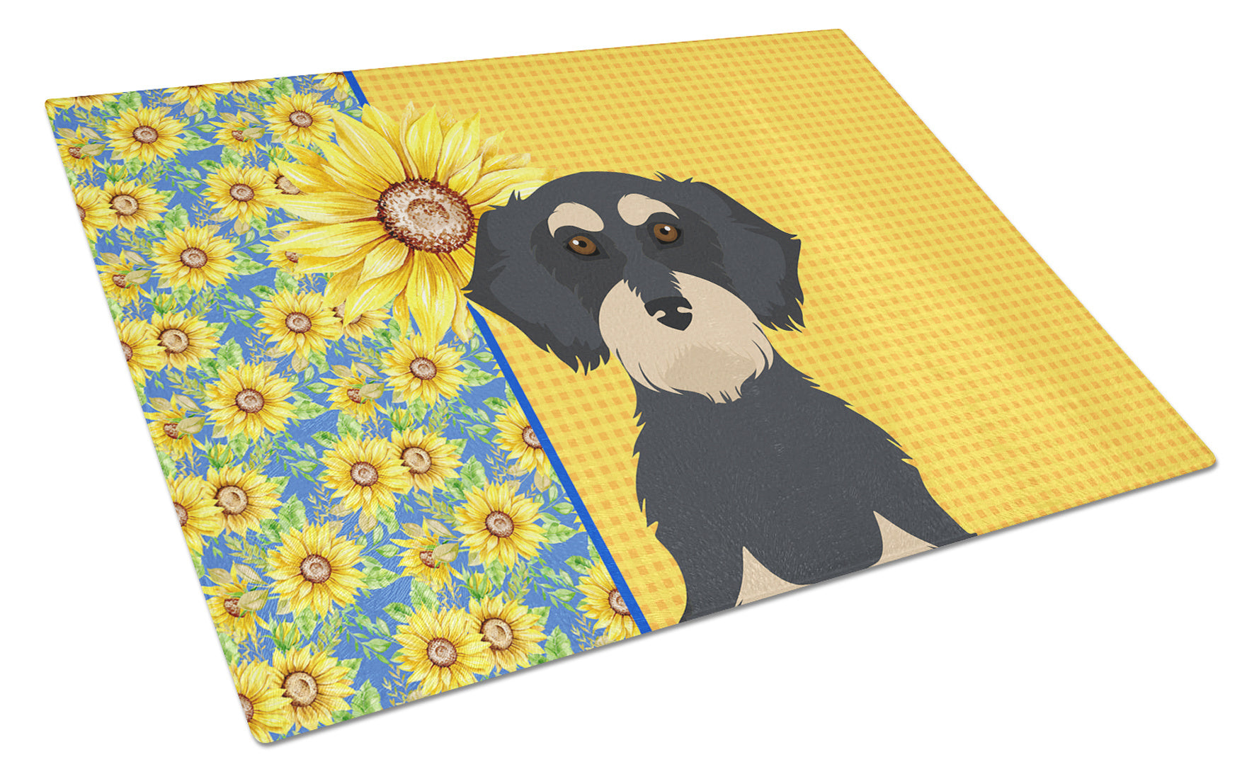 Summer Sunflowers Wirehair Black and Cream Dachshund Glass Cutting Board Decorative Tempered Glass Kitchen Cutting and Serving Board Large Size Chopping Board