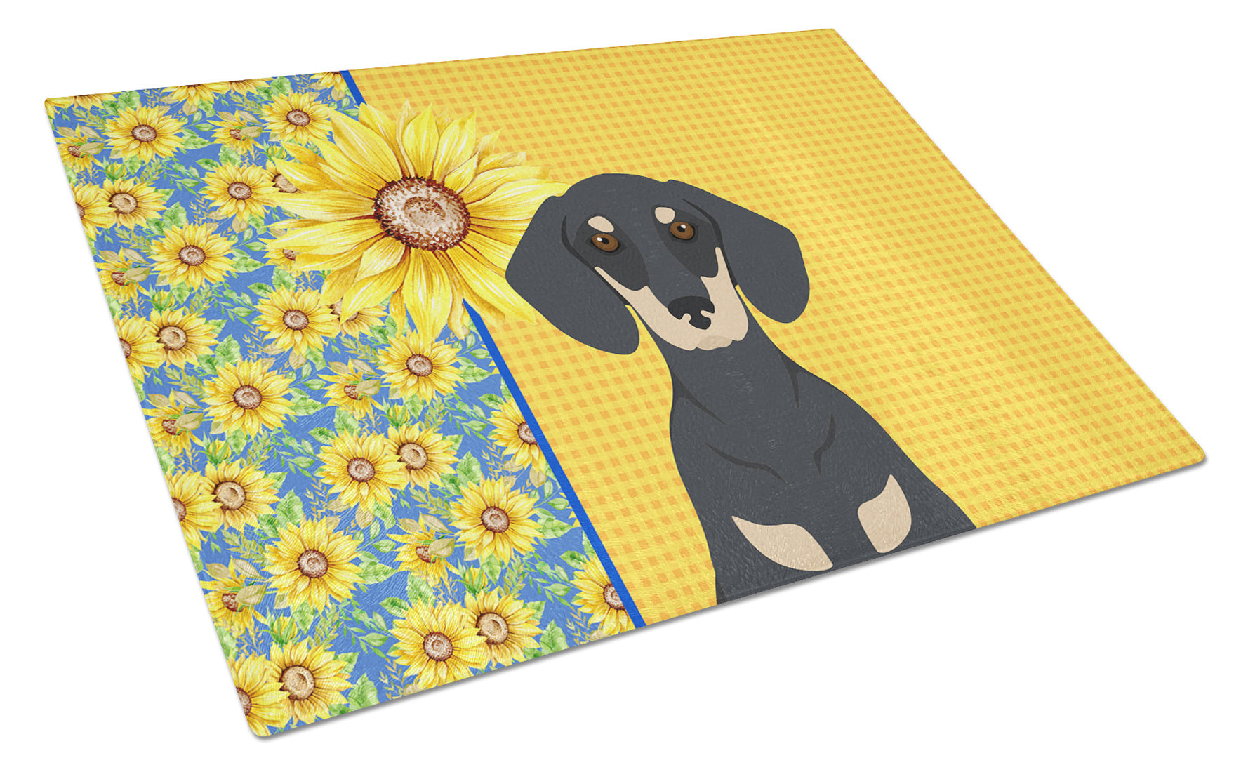 Summer Sunflowers Black and Cream Dachshund Glass Cutting Board Decorative Tempered Glass Kitchen Cutting and Serving Board Large Size Chopping Board