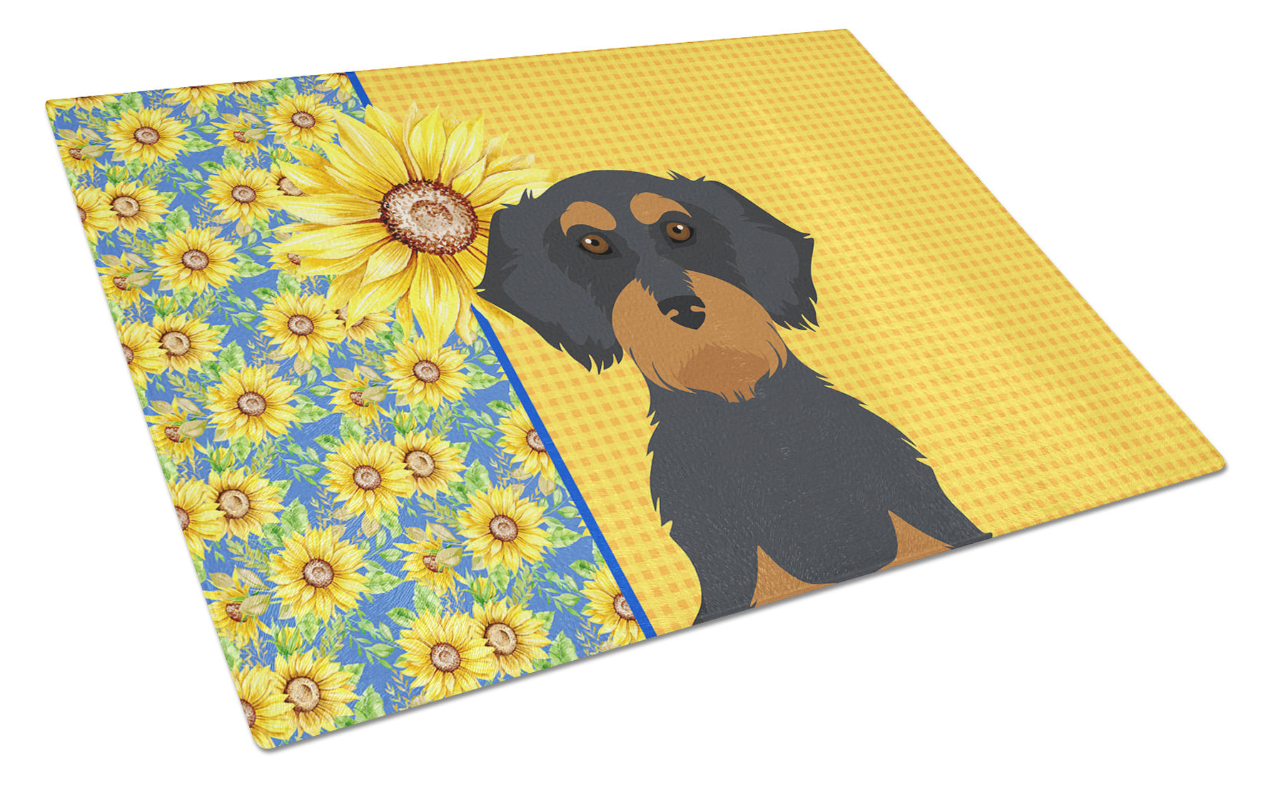 Summer Sunflowers Wirehair Black and Tan Dachshund Glass Cutting Board Decorative Tempered Glass Kitchen Cutting and Serving Board Large Size Chopping Board