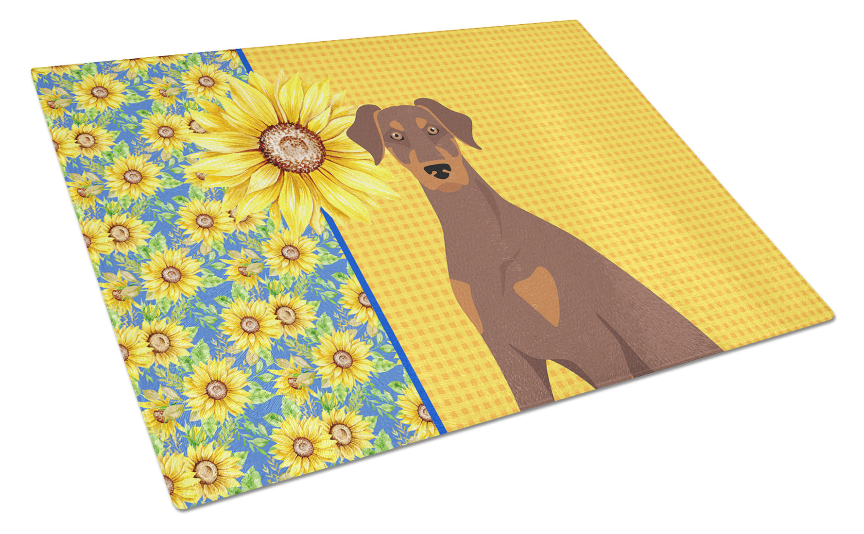 Summer Sunflowers Natural Ear Red and Tan Doberman Pinscher Glass Cutting Board Decorative Tempered Glass Kitchen Cutting and Serving Board Large Size Chopping Board