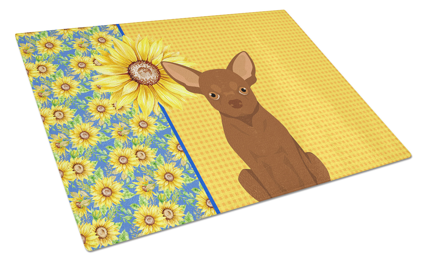 Summer Sunflowers Chocolate Chihuahua Glass Cutting Board Decorative Tempered Glass Kitchen Cutting and Serving Board Large Size Chopping Board