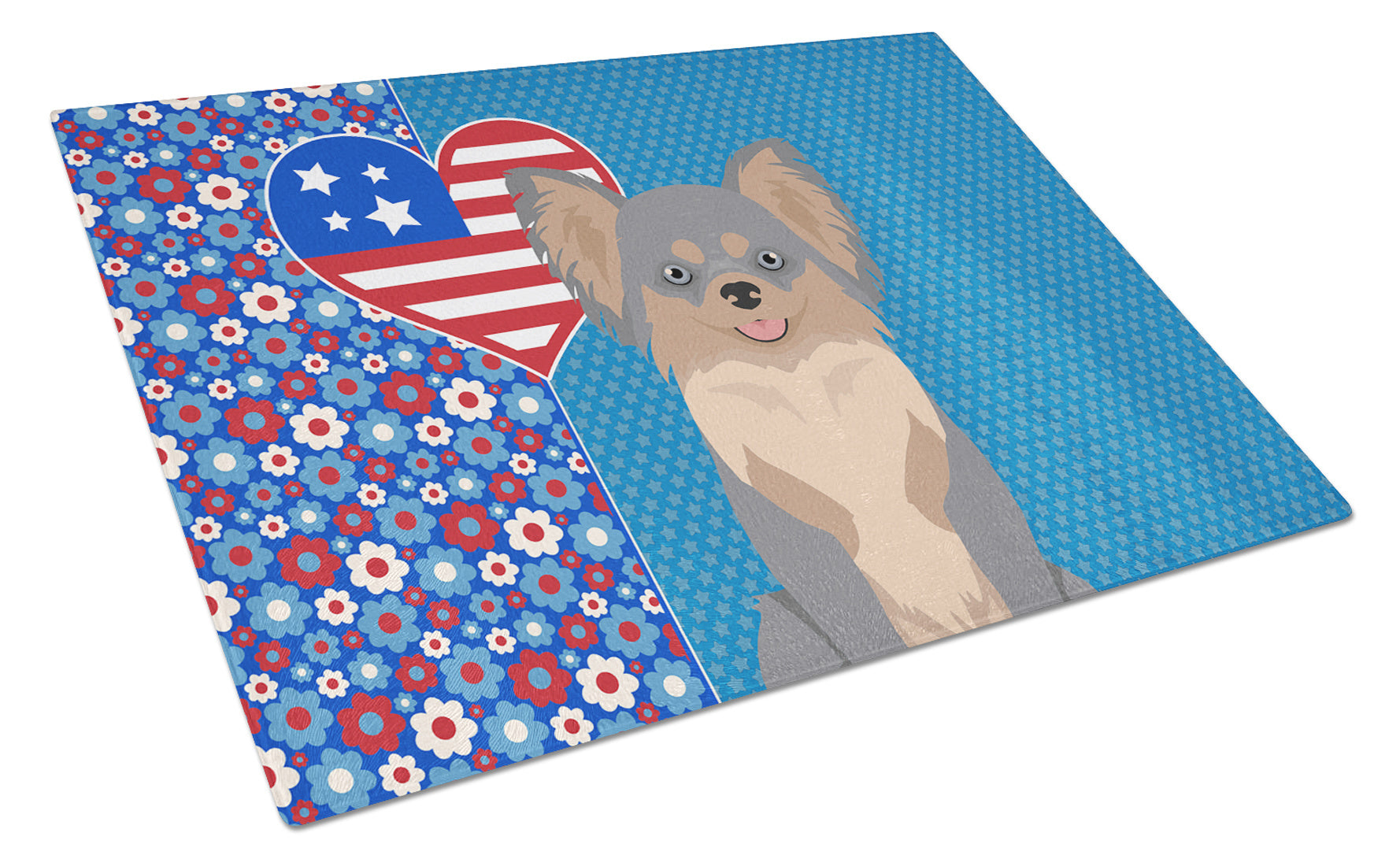 Longhaired Blue and Tan Chihuahua USA American Glass Cutting Board Decorative Tempered Glass Kitchen Cutting and Serving Board Large Size Chopping Board