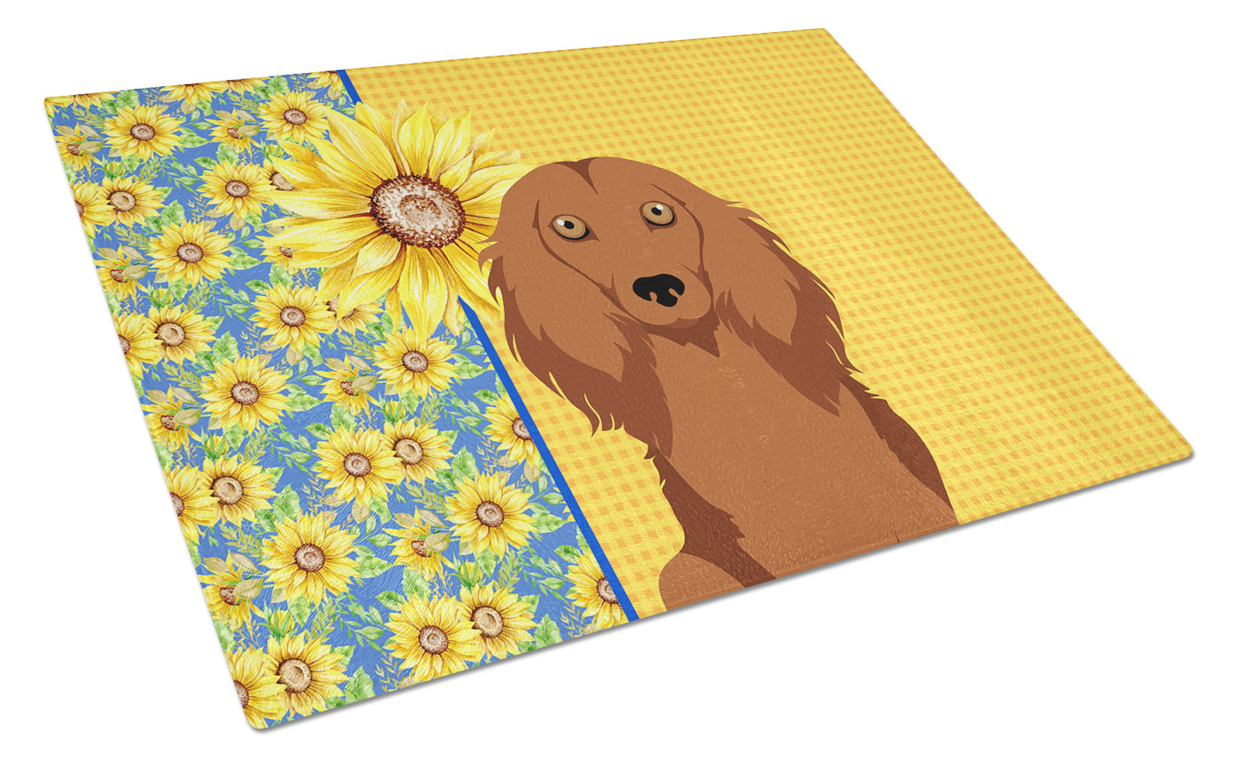 Summer Sunflowers Longhair Red Dachshund Glass Cutting Board Decorative Tempered Glass Kitchen Cutting and Serving Board Large Size Chopping Board