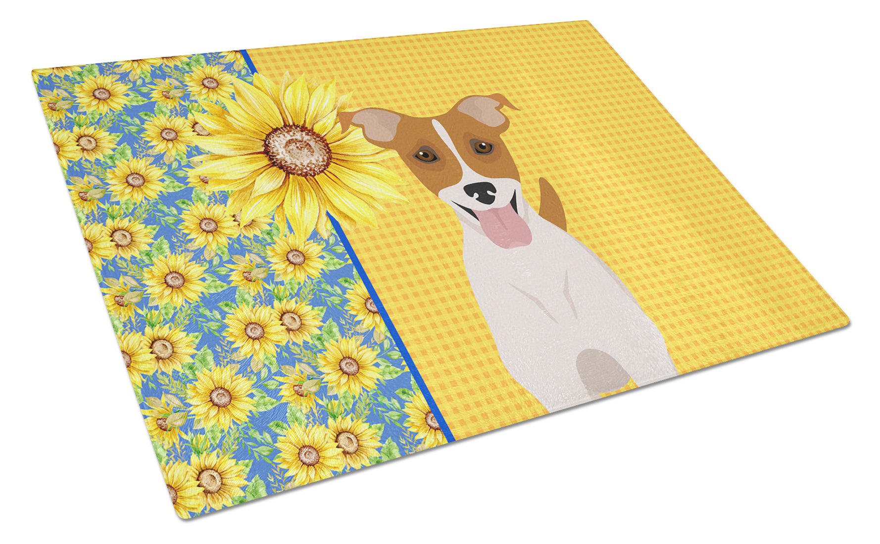 Summer Sunflowers Brown White Smooth Jack Russell Terrier Glass Cutting Board Decorative Tempered Glass Kitchen Cutting and Serving Board Large Size Chopping Board