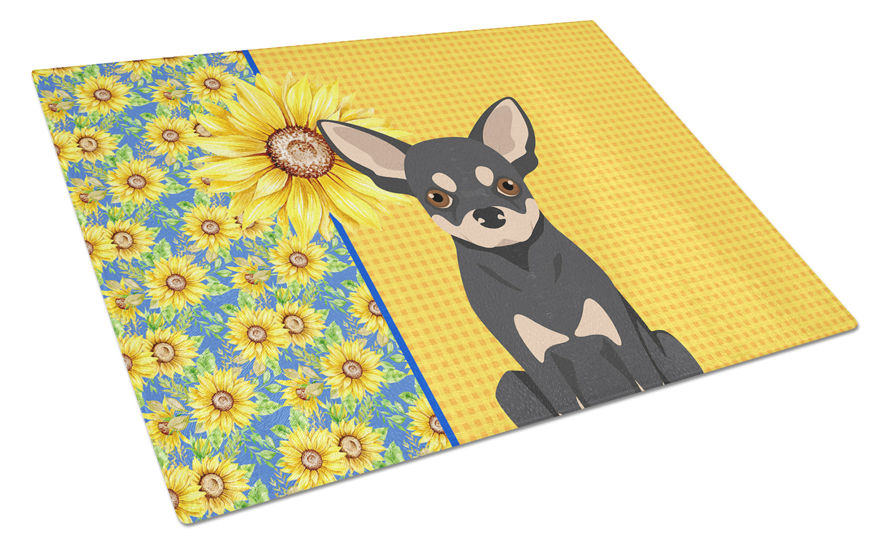 Summer Sunflowers Black and Cream Chihuahua Glass Cutting Board Decorative Tempered Glass Kitchen Cutting and Serving Board Large Size Chopping Board