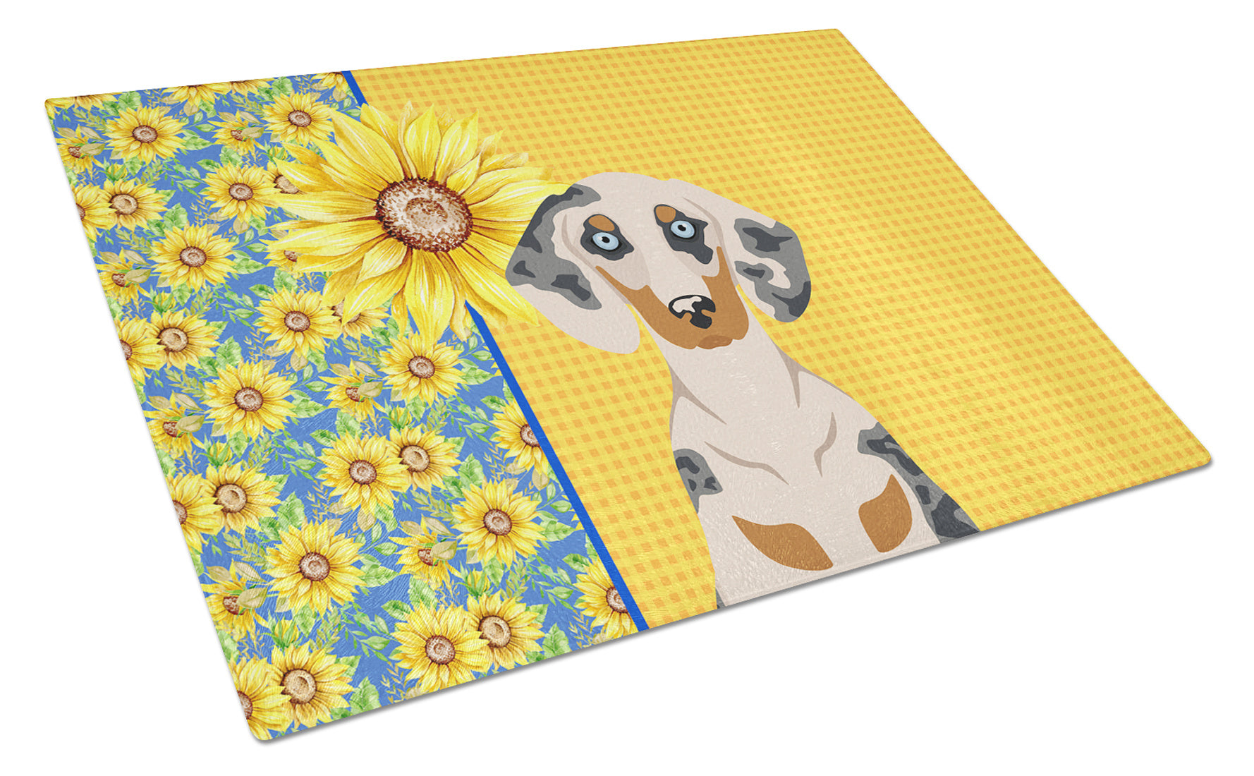 Summer Sunflowers Cream Dapple Dachshund Glass Cutting Board Decorative Tempered Glass Kitchen Cutting and Serving Board Large Size Chopping Board