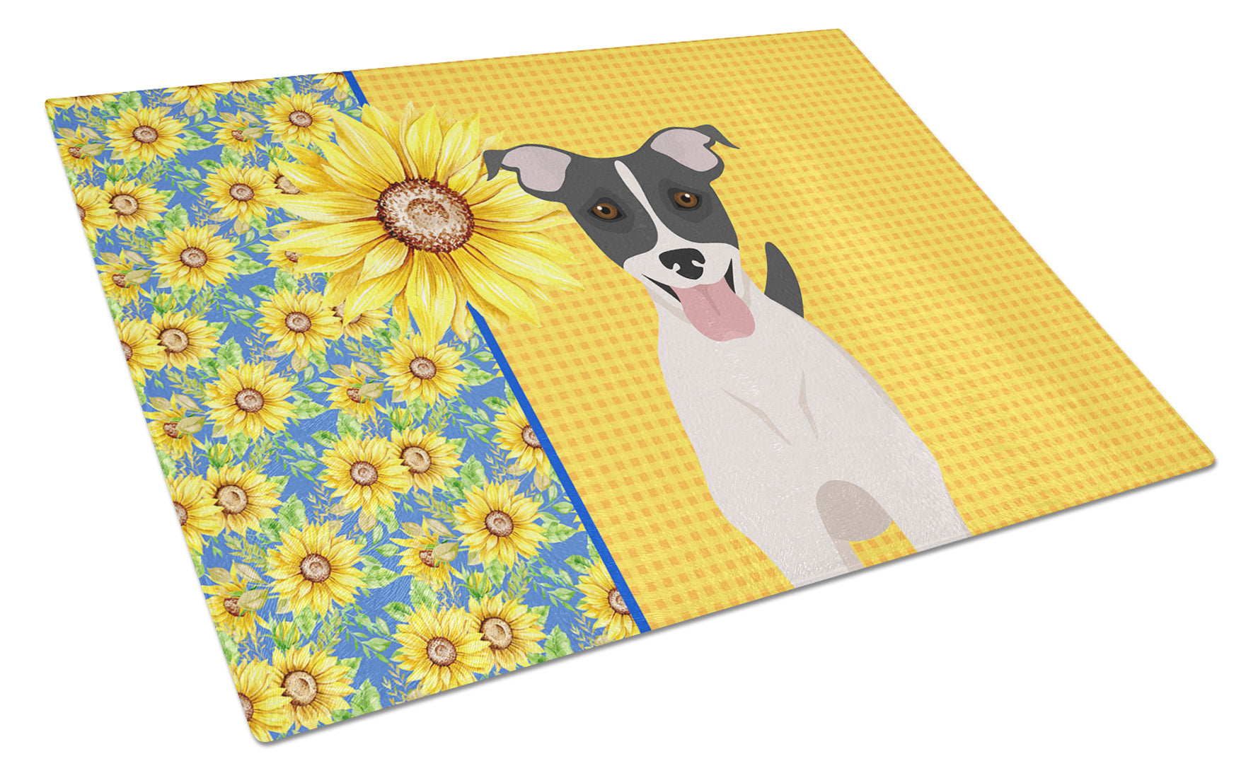 Summer Sunflowers Black White Smooth Jack Russell Terrier Glass Cutting Board Decorative Tempered Glass Kitchen Cutting and Serving Board Large Size Chopping Board