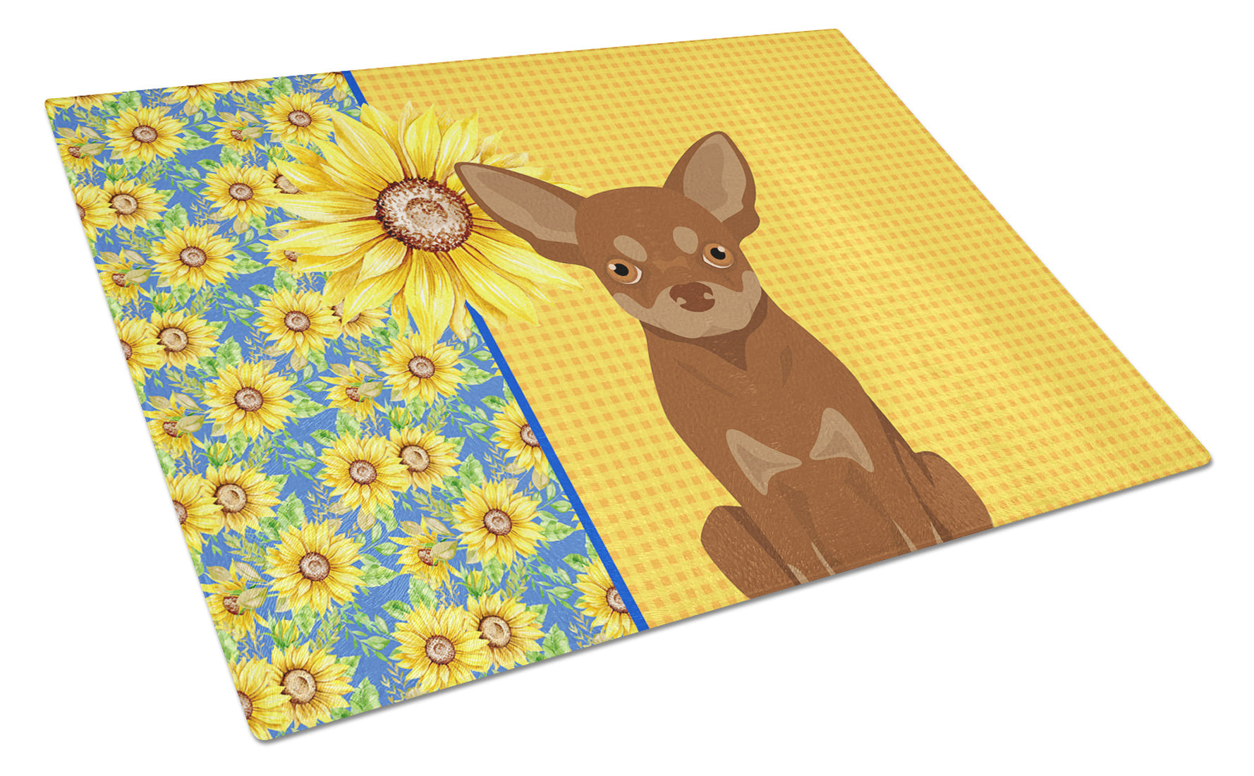 Summer Sunflowers Chocolate and Tan Chihuahua Glass Cutting Board Decorative Tempered Glass Kitchen Cutting and Serving Board Large Size Chopping Board