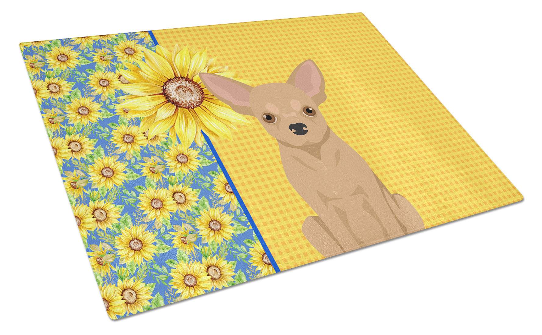 Summer Sunflowers Gold Chihuahua Glass Cutting Board Decorative Tempered Glass Kitchen Cutting and Serving Board Large Size Chopping Board