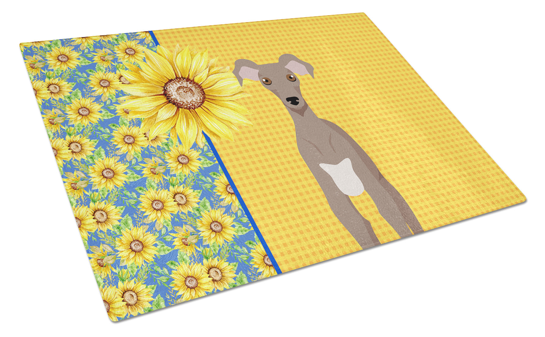 Summer Sunflowers Fawn Italian Greyhound Glass Cutting Board Decorative Tempered Glass Kitchen Cutting and Serving Board Large Size Chopping Board