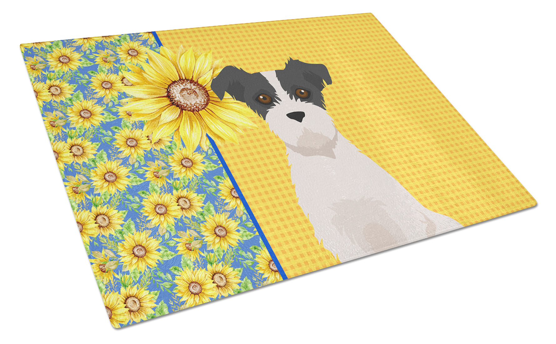 Summer Sunflowers Black White Wirehair Jack Russell Terrier Glass Cutting Board Decorative Tempered Glass Kitchen Cutting and Serving Board Large Size Chopping Board