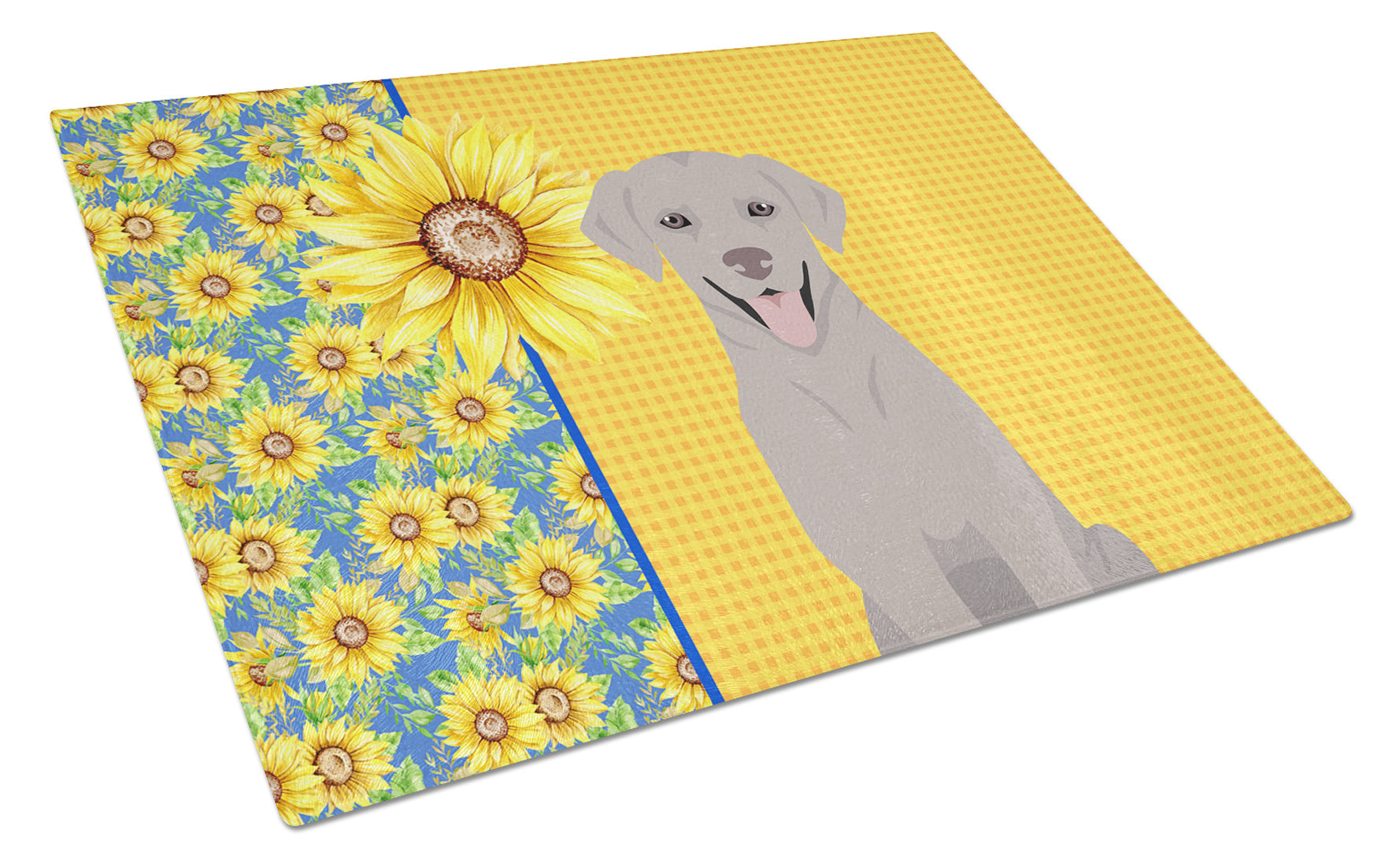 Summer Sunflowers Gray Labrador Retriever Glass Cutting Board Decorative Tempered Glass Kitchen Cutting and Serving Board Large Size Chopping Board