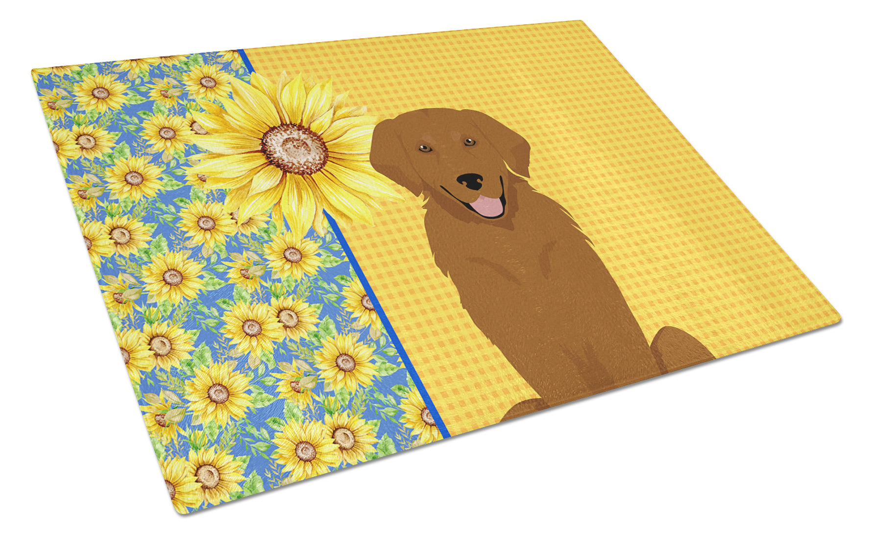 Summer Sunflowers Mahogany Golden Retriever Glass Cutting Board Decorative Tempered Glass Kitchen Cutting and Serving Board Large Size Chopping Board