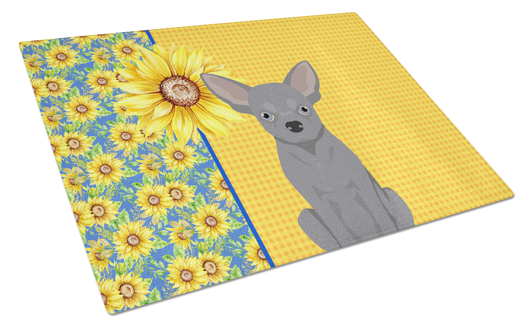 Summer Sunflowers Blue Chihuahua Glass Cutting Board Decorative Tempered Glass Kitchen Cutting and Serving Board Large Size Chopping Board