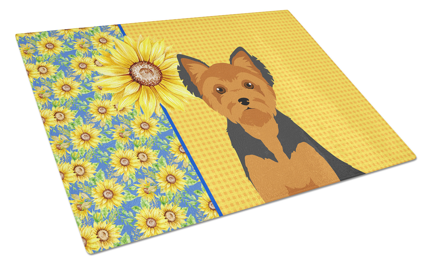 Summer Sunflowers Black and Tan Puppy Cut Yorkshire Terrier Glass Cutting Board Decorative Tempered Glass Kitchen Cutting and Serving Board Large Size Chopping Board