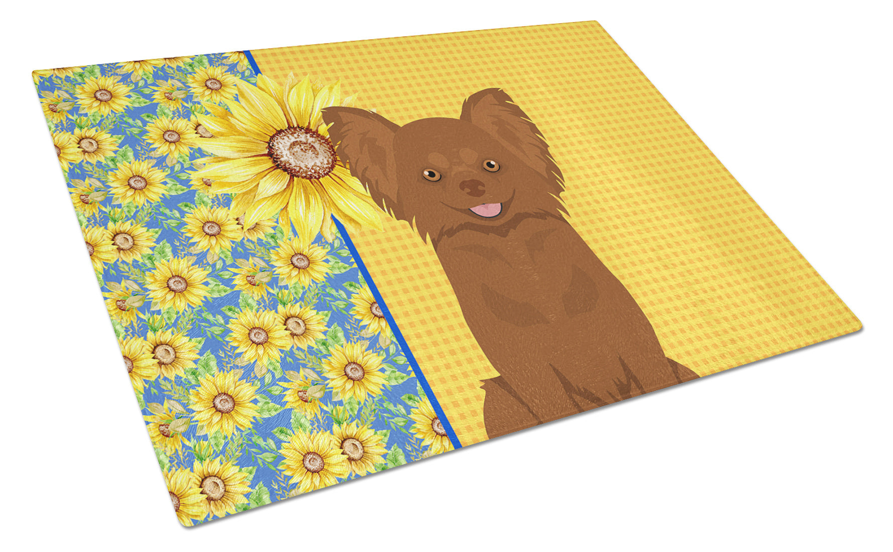 Summer Sunflowers Longhaired Chocolate Chihuahua Glass Cutting Board Decorative Tempered Glass Kitchen Cutting and Serving Board Large Size Chopping Board