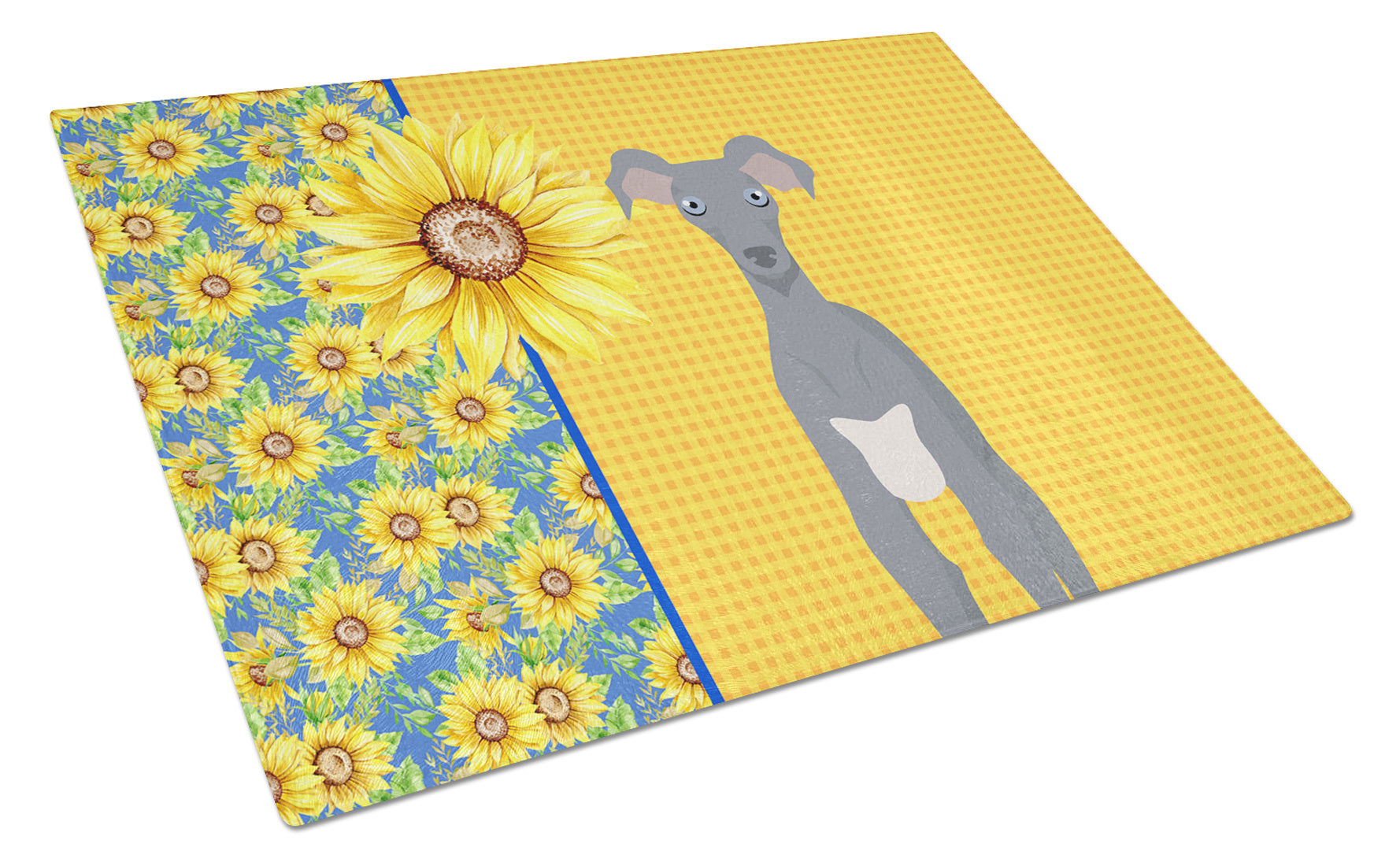 Summer Sunflowers Gray Italian Greyhound Glass Cutting Board Decorative Tempered Glass Kitchen Cutting and Serving Board Large Size Chopping Board