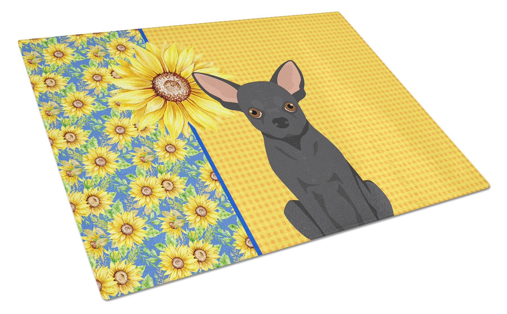 Summer Sunflowers Black Chihuahua Glass Cutting Board Decorative Tempered Glass Kitchen Cutting and Serving Board Large Size Chopping Board