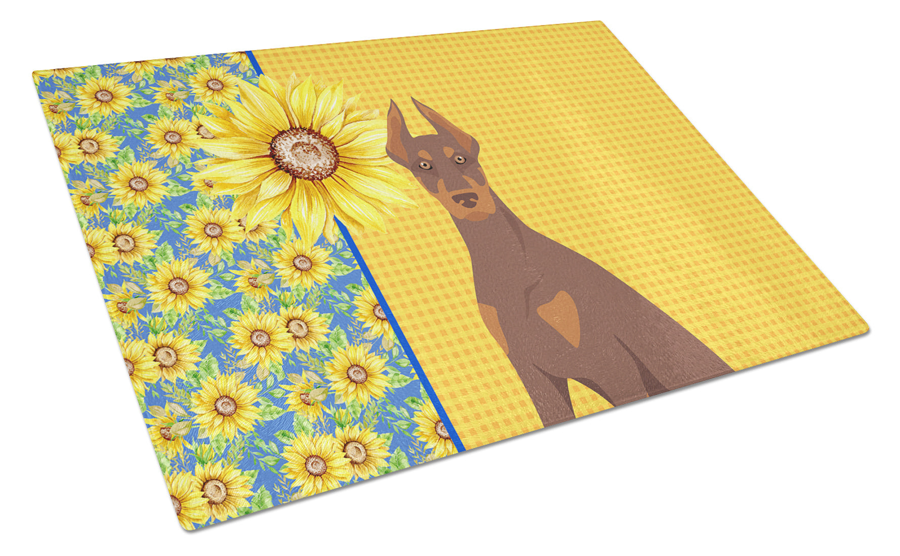 Summer Sunflowers Red and Tan Doberman Pinscher Glass Cutting Board Decorative Tempered Glass Kitchen Cutting and Serving Board Large Size Chopping Board