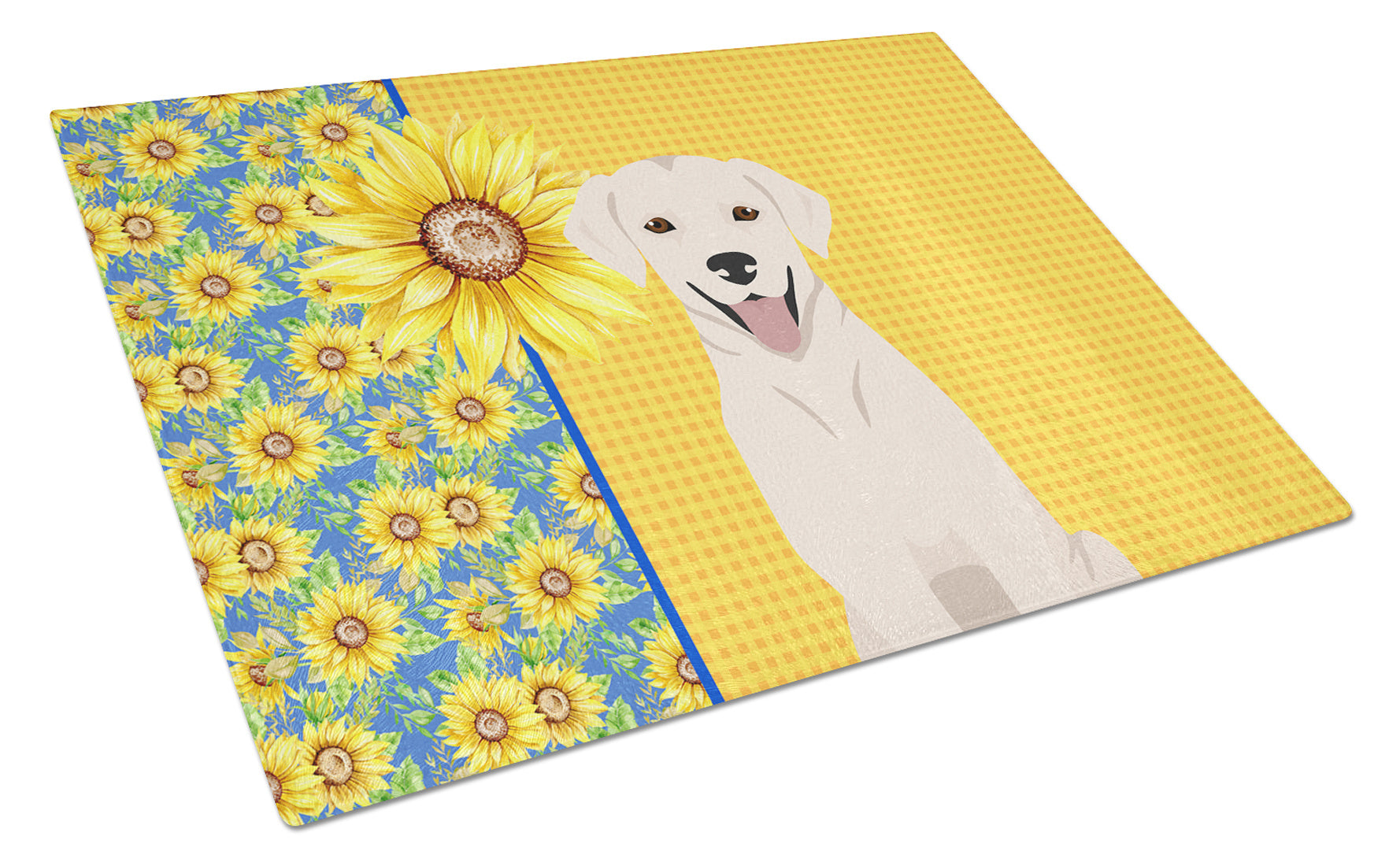 Summer Sunflowers White Cream Labrador Retriever Glass Cutting Board Decorative Tempered Glass Kitchen Cutting and Serving Board Large Size Chopping Board