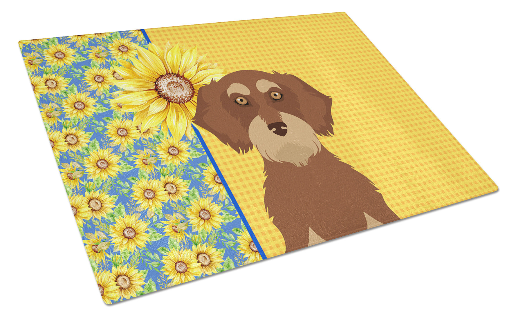 Summer Sunflowers Wirehair Red and Tan Dachshund Glass Cutting Board Decorative Tempered Glass Kitchen Cutting and Serving Board Large Size Chopping Board