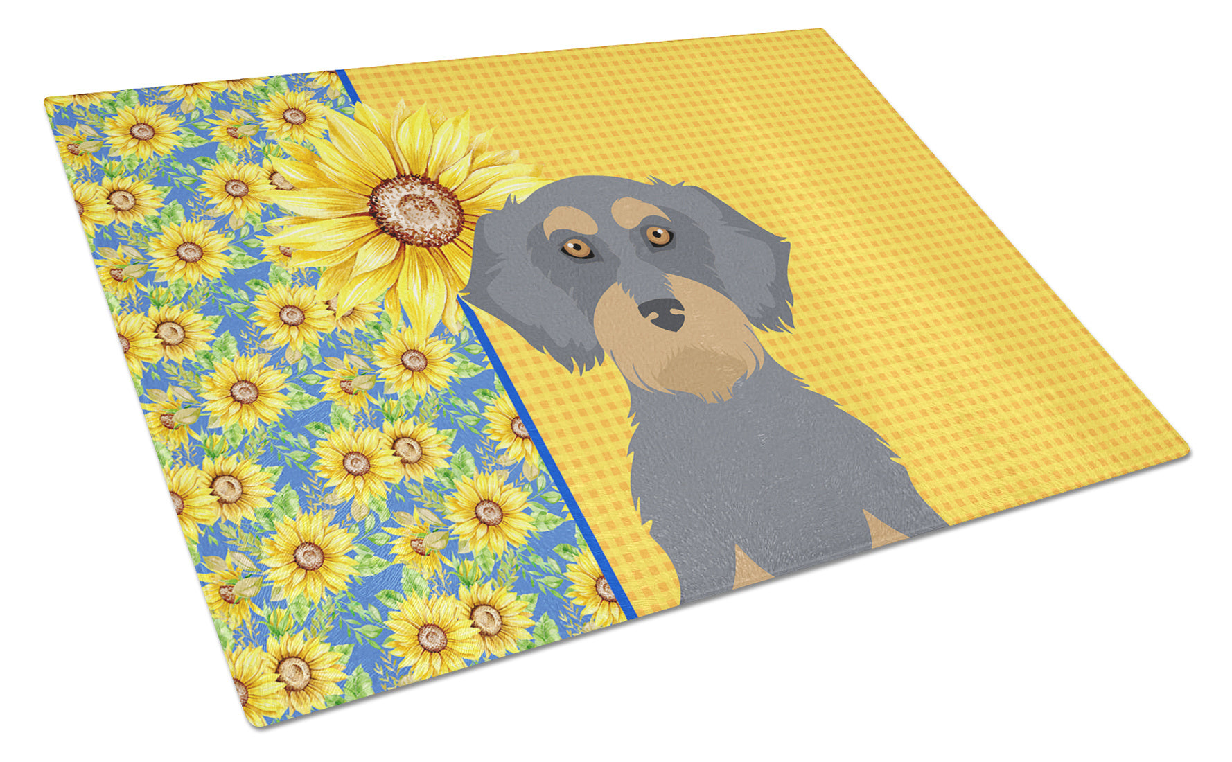 Summer Sunflowers Wirehair Blue and Tan Dachshund Glass Cutting Board Decorative Tempered Glass Kitchen Cutting and Serving Board Large Size Chopping Board