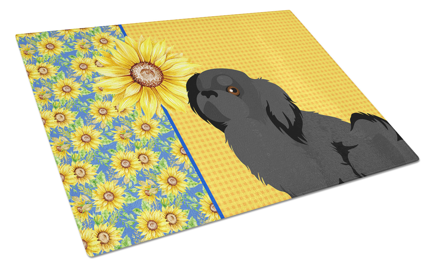 Summer Sunflowers Black Pekingese Glass Cutting Board Decorative Tempered Glass Kitchen Cutting and Serving Board Large Size Chopping Board