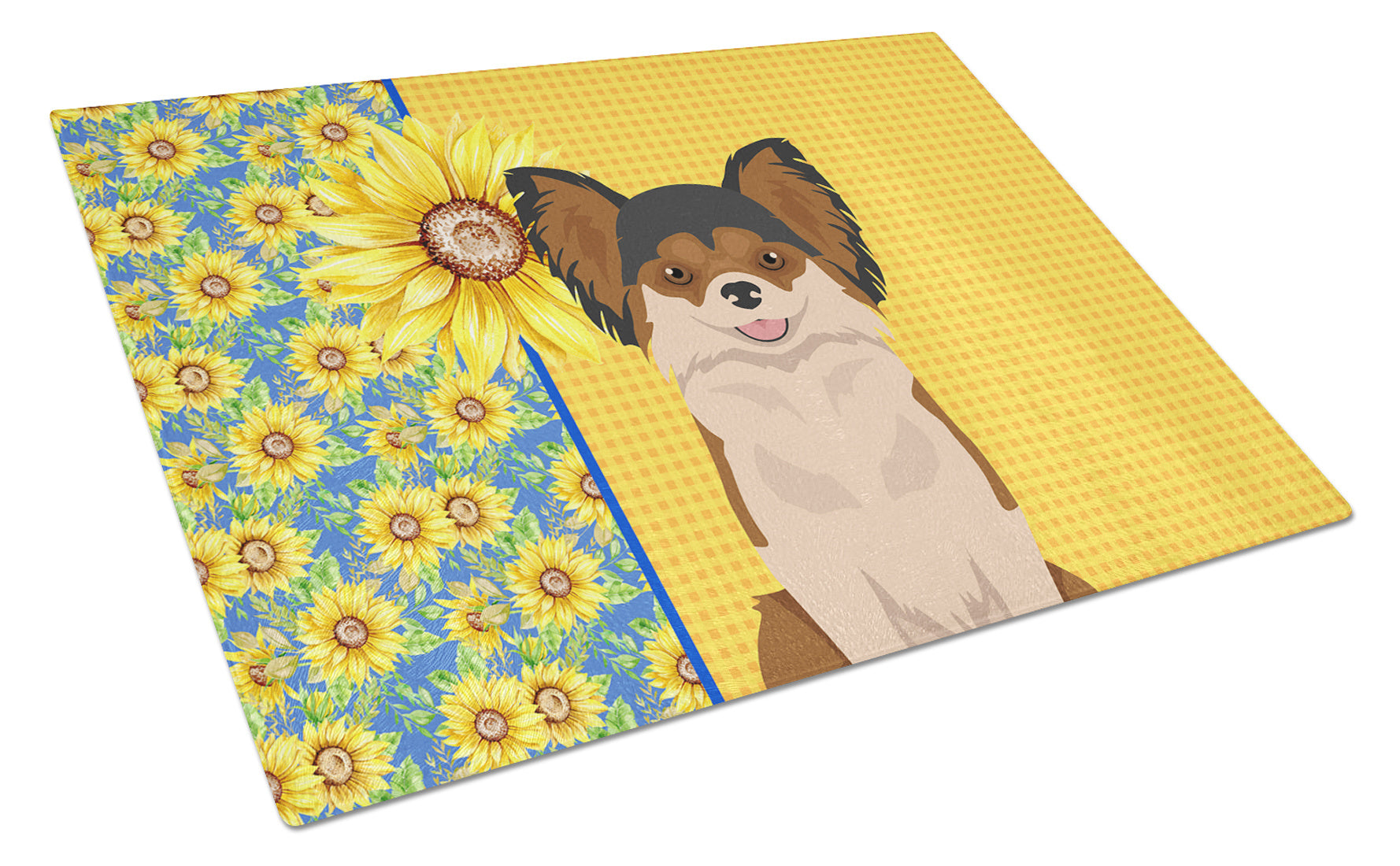 Summer Sunflowers Longhaired Black and Red Chihuahua Glass Cutting Board Decorative Tempered Glass Kitchen Cutting and Serving Board Large Size Chopping Board