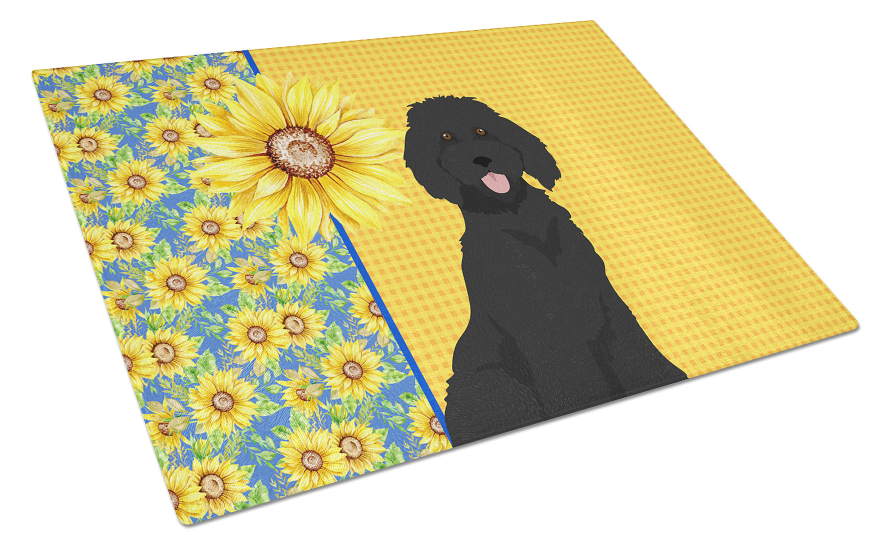 Summer Sunflowers Standard Black Poodle Glass Cutting Board Decorative Tempered Glass Kitchen Cutting and Serving Board Large Size Chopping Board