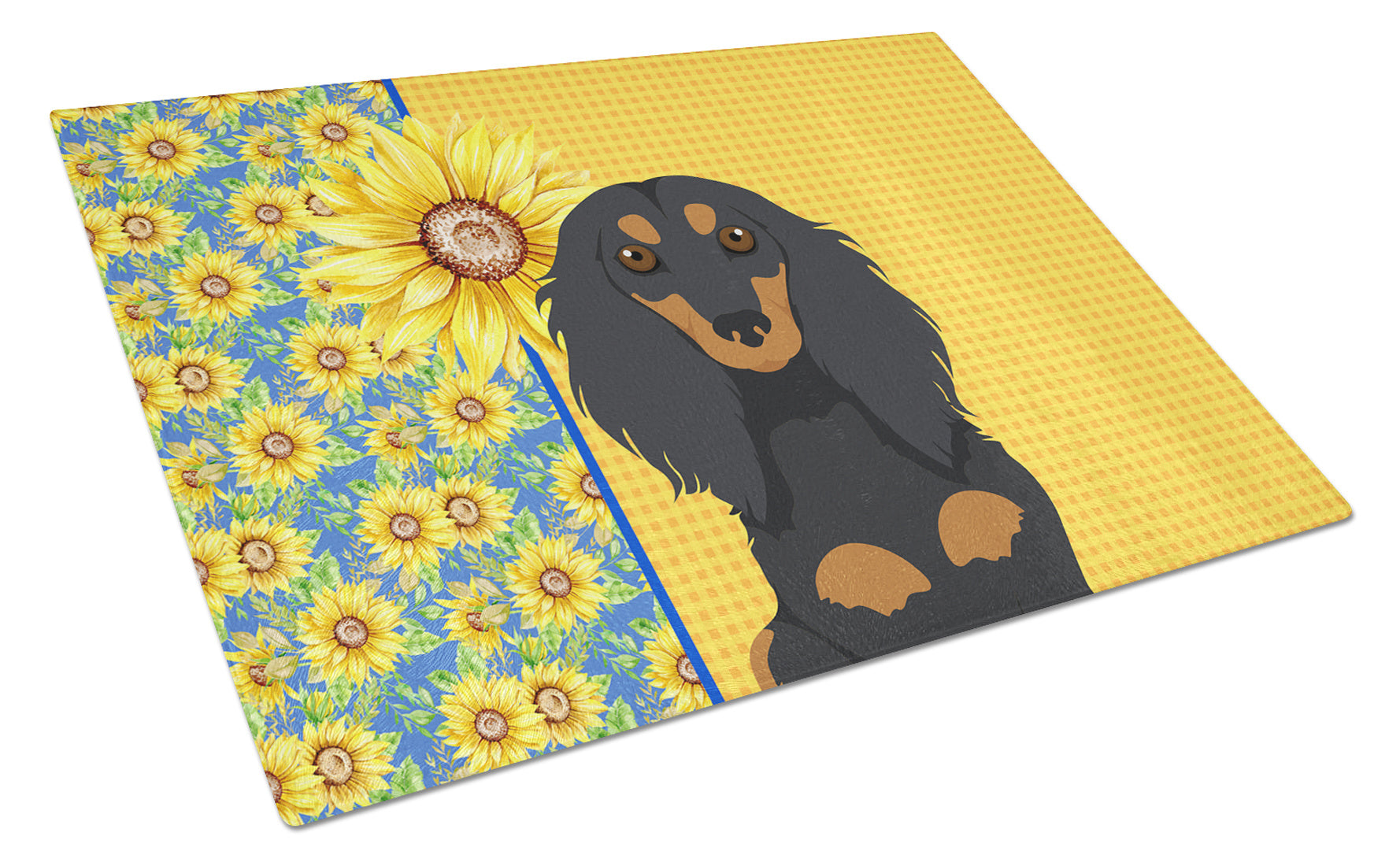 Summer Sunflowers Longhair Black and Tan Dachshund Glass Cutting Board Decorative Tempered Glass Kitchen Cutting and Serving Board Large Size Chopping Board