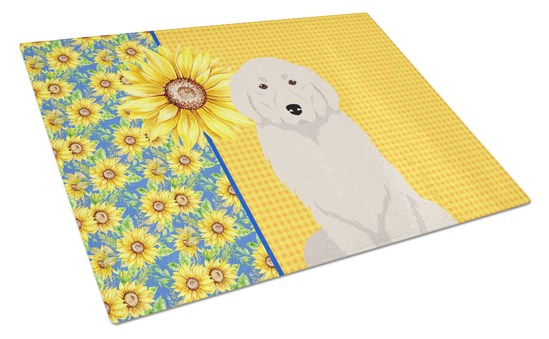 Summer Sunflowers Great Pyrenees Glass Cutting Board Decorative Tempered Glass Kitchen Cutting and Serving Board Large Size Chopping Board