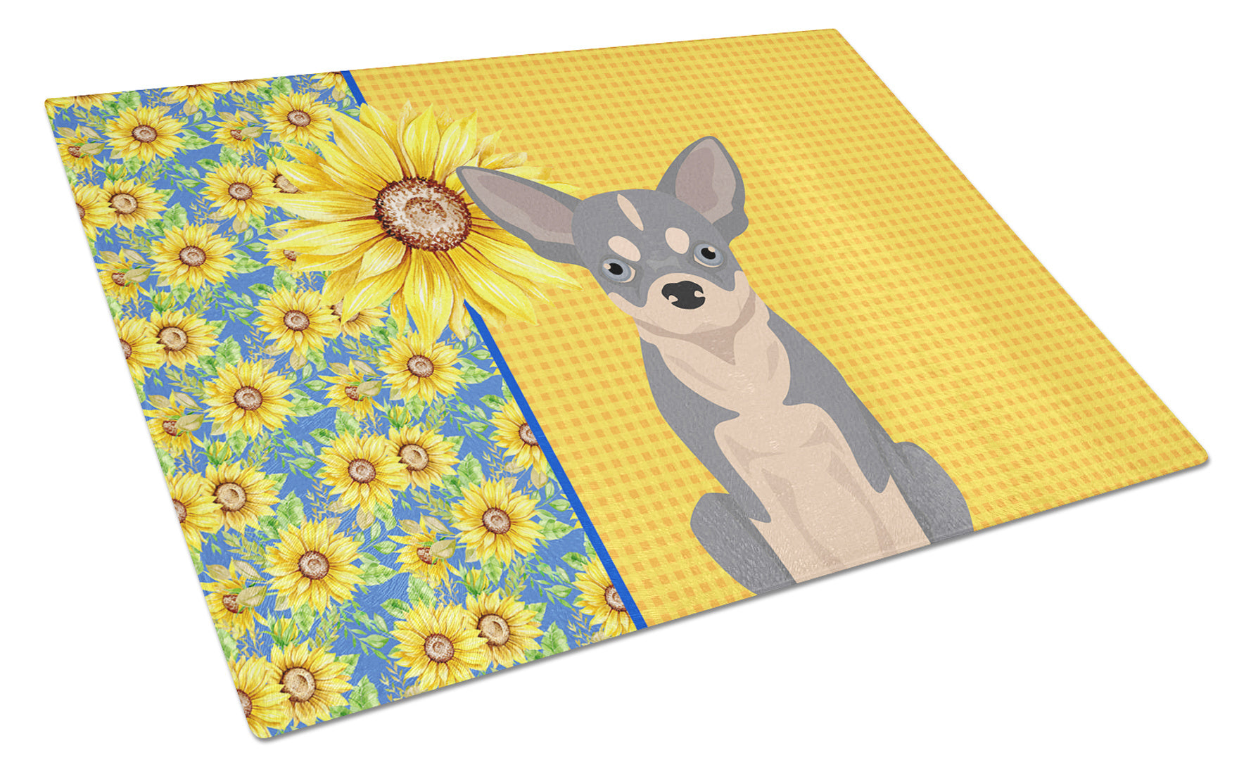 Summer Sunflowers Blue and White Chihuahua Glass Cutting Board Decorative Tempered Glass Kitchen Cutting and Serving Board Large Size Chopping Board