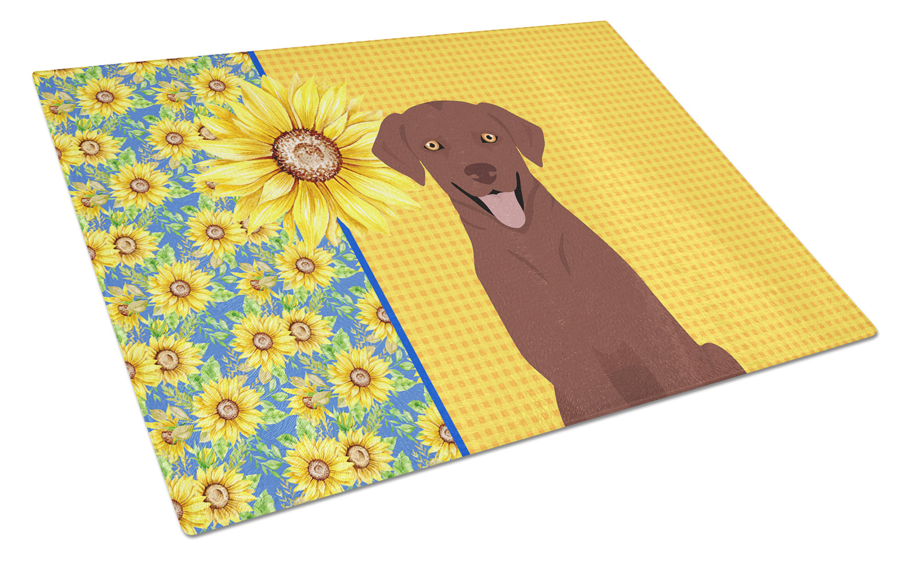 Summer Sunflowers Chocolate Labrador Retriever Glass Cutting Board Decorative Tempered Glass Kitchen Cutting and Serving Board Large Size Chopping Board