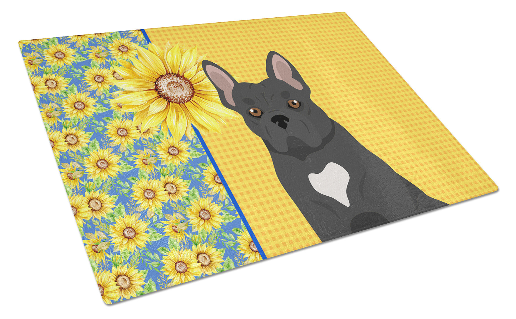 Summer Sunflowers Black French Bulldog Glass Cutting Board Decorative Tempered Glass Kitchen Cutting and Serving Board Large Size Chopping Board