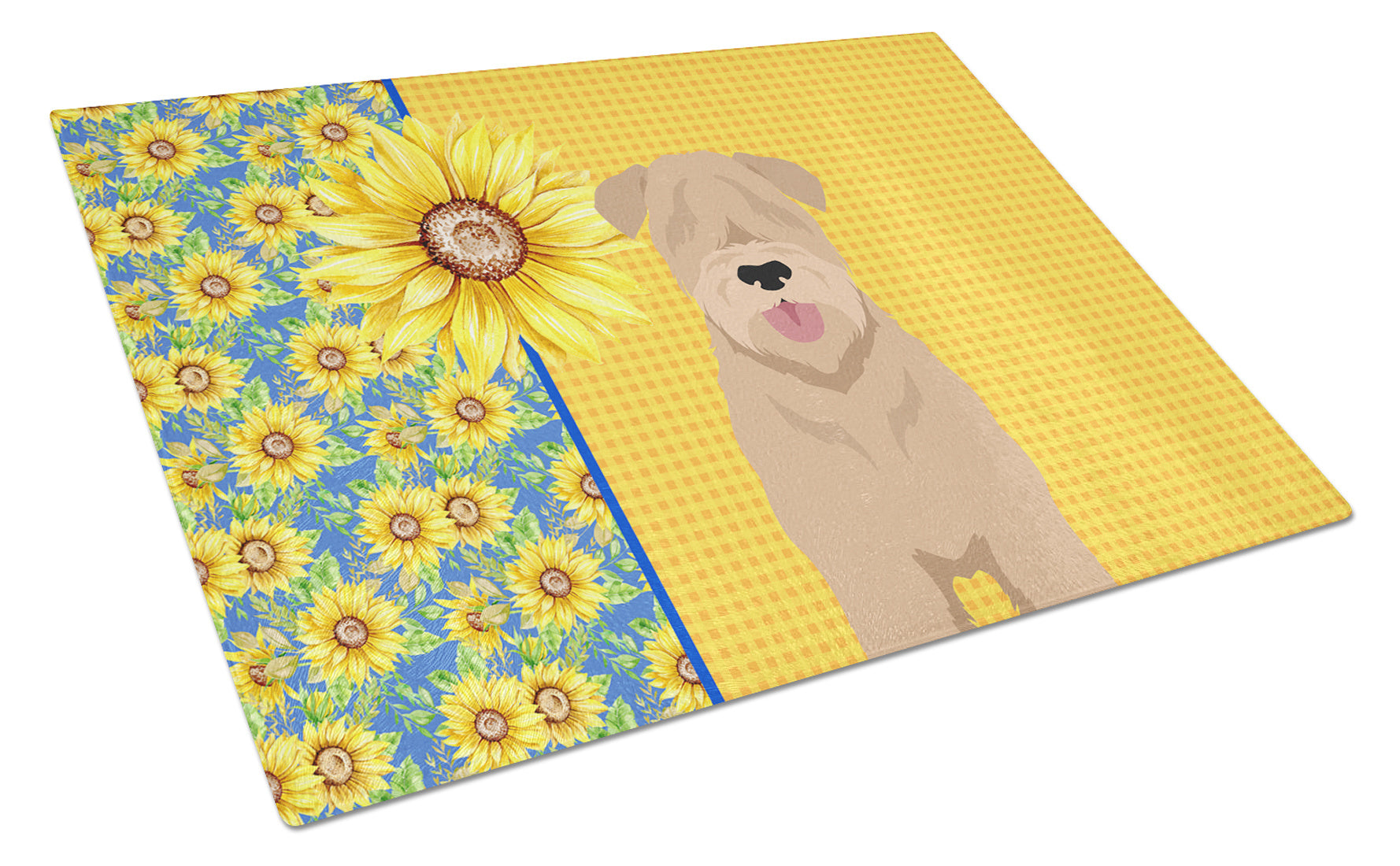 Summer Sunflowers Red Wheaten Terrier Glass Cutting Board Decorative Tempered Glass Kitchen Cutting and Serving Board Large Size Chopping Board