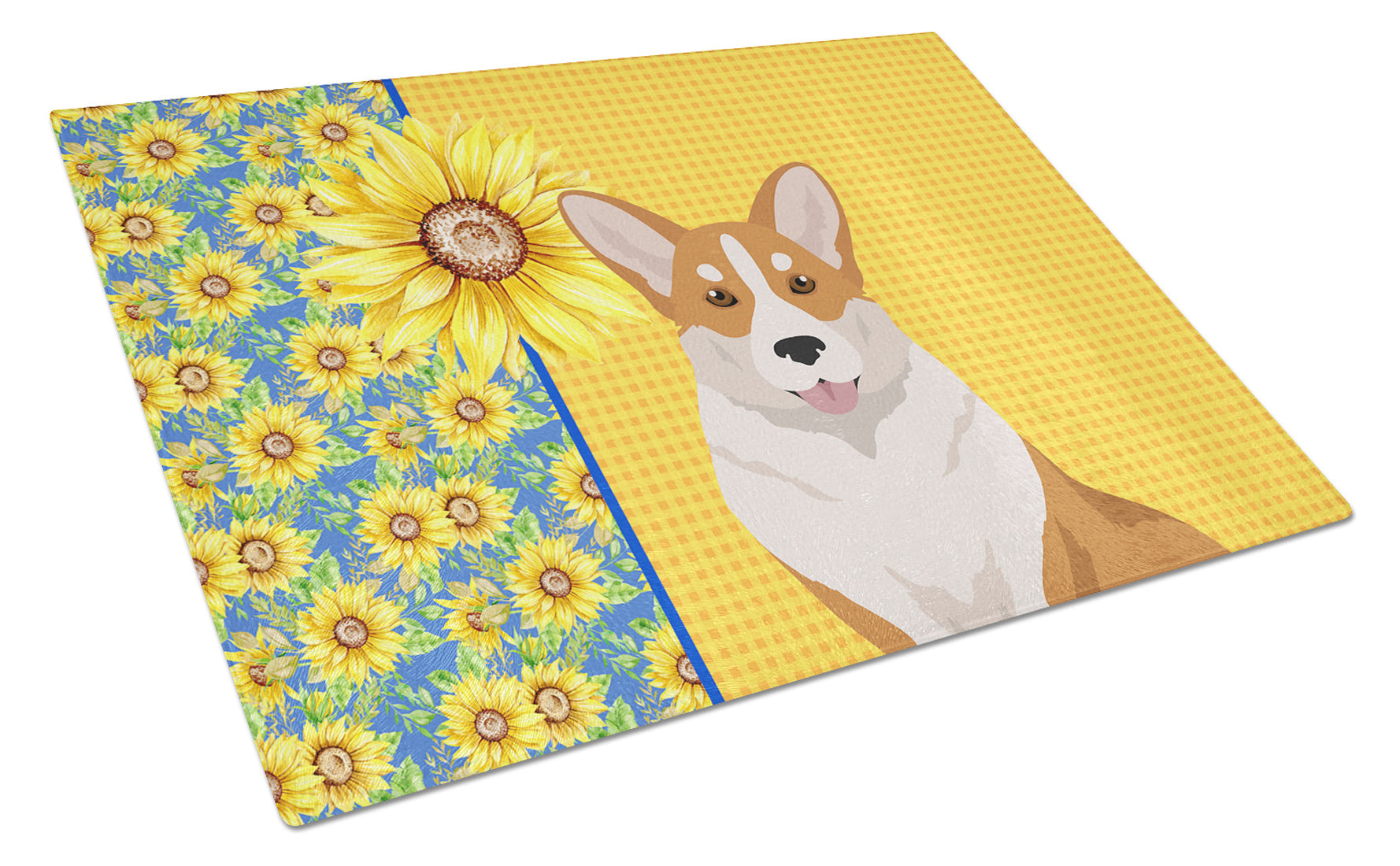 Summer Sunflowers Red Cardigan Corgi Glass Cutting Board Decorative Tempered Glass Kitchen Cutting and Serving Board Large Size Chopping Board