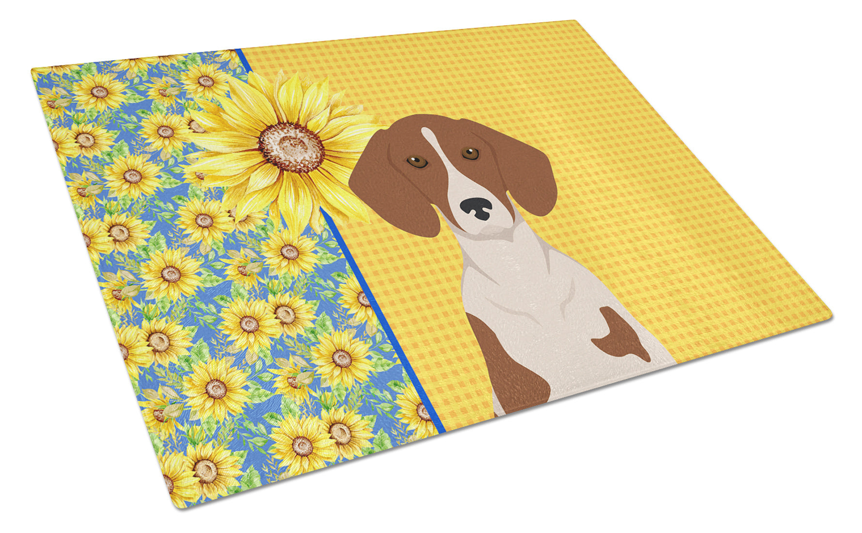 Summer Sunflowers Red Piebald Dachshund Glass Cutting Board Decorative Tempered Glass Kitchen Cutting and Serving Board Large Size Chopping Board