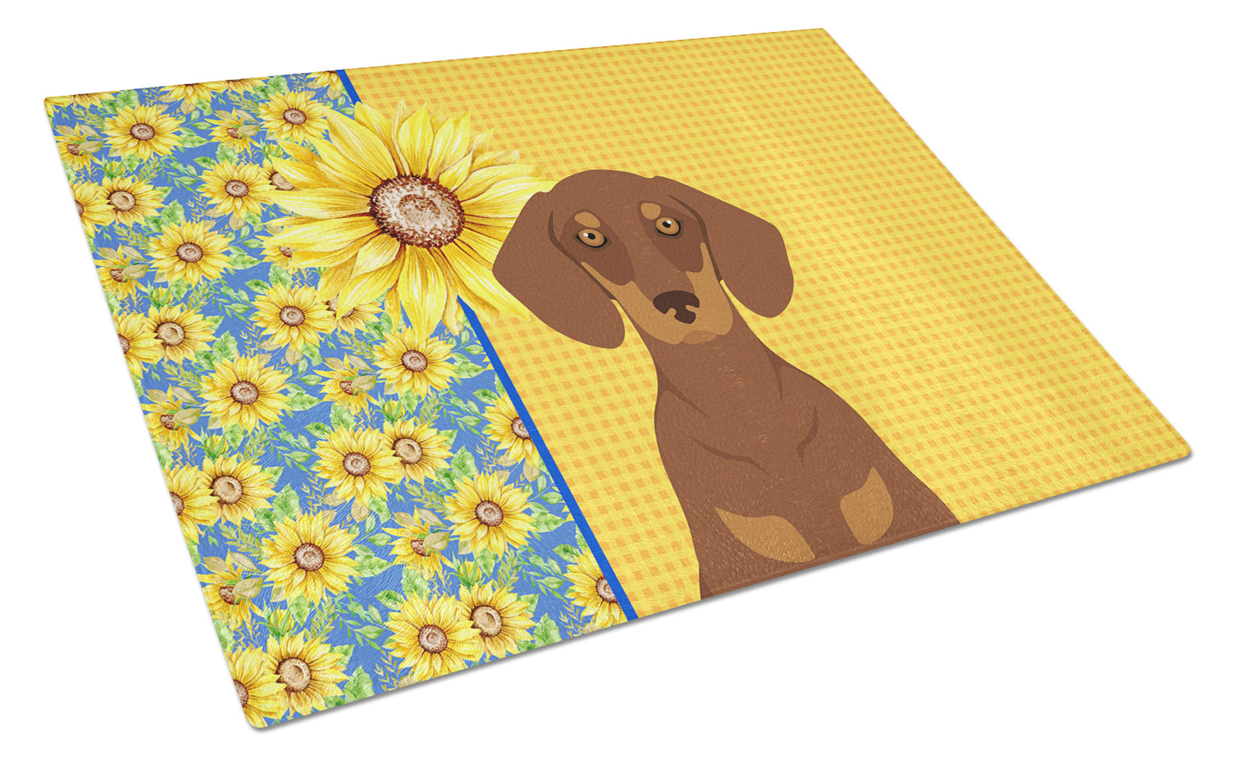 Summer Sunflowers Chocolate and Tan Dachshund Glass Cutting Board Decorative Tempered Glass Kitchen Cutting and Serving Board Large Size Chopping Board