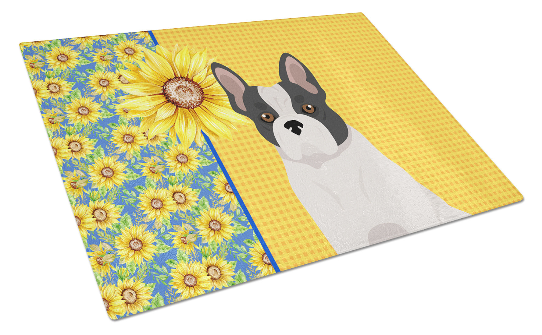 Summer Sunflowers Black and White French Bulldog Glass Cutting Board Decorative Tempered Glass Kitchen Cutting and Serving Board Large Size Chopping Board