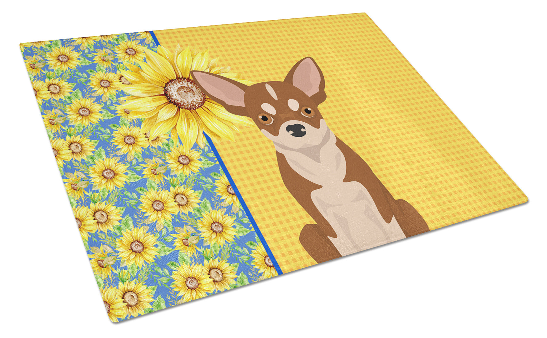 Summer Sunflowers Red and White Chihuahua Glass Cutting Board Decorative Tempered Glass Kitchen Cutting and Serving Board Large Size Chopping Board