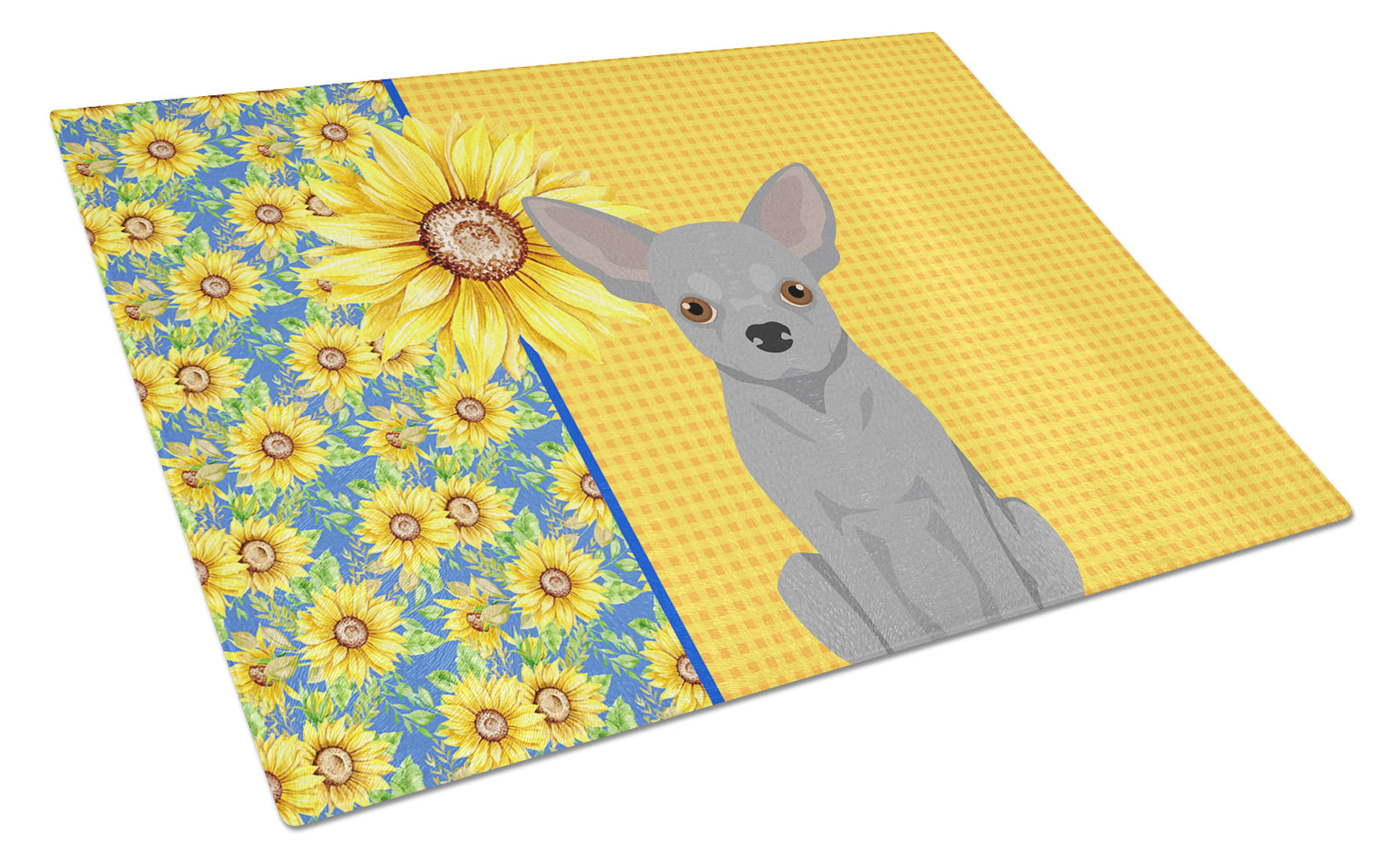 Summer Sunflowers Silver Chihuahua Glass Cutting Board Decorative Tempered Glass Kitchen Cutting and Serving Board Large Size Chopping Board