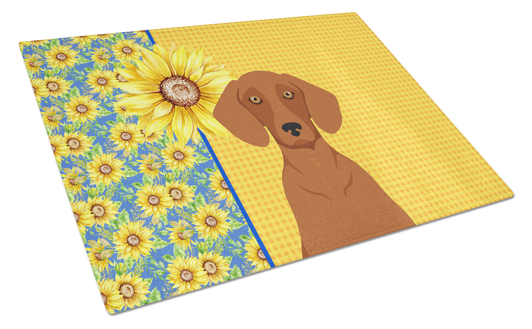 Summer Sunflowers Red Dachshund Glass Cutting Board Decorative Tempered Glass Kitchen Cutting and Serving Board Large Size Chopping Board