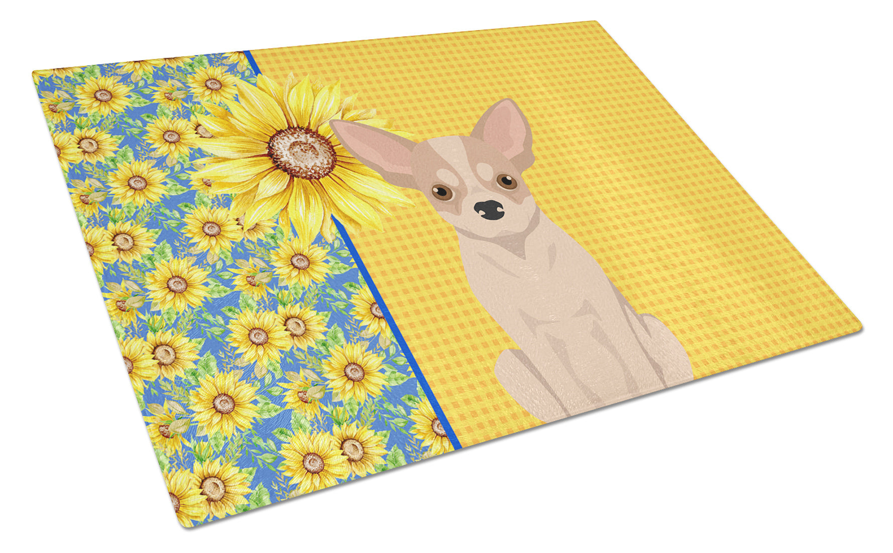 Summer Sunflowers Fawn and White Chihuahua Glass Cutting Board Decorative Tempered Glass Kitchen Cutting and Serving Board Large Size Chopping Board