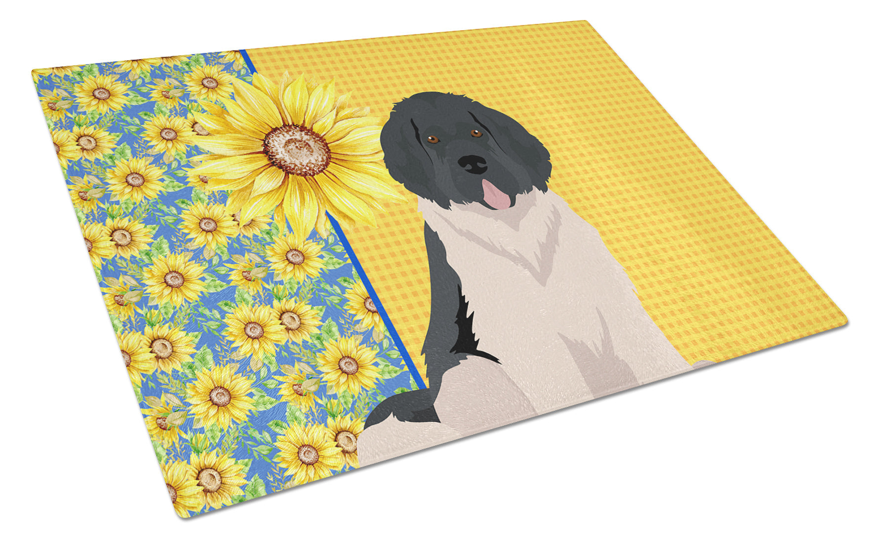 Summer Sunflowers Landseer Newfoundland Glass Cutting Board Decorative Tempered Glass Kitchen Cutting and Serving Board Large Size Chopping Board