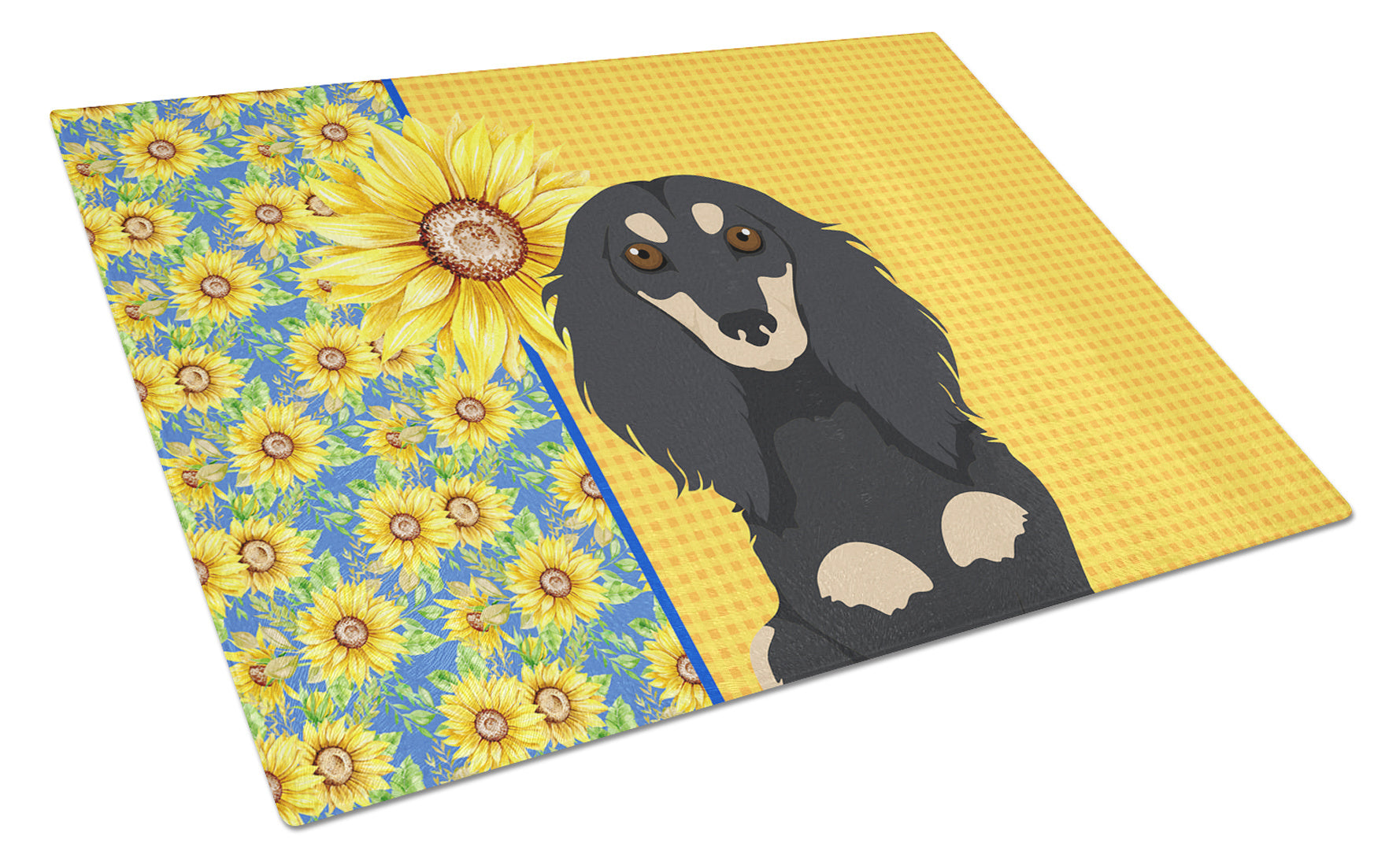 Summer Sunflowers Longhair Black and Cream Dachshund Glass Cutting Board Decorative Tempered Glass Kitchen Cutting and Serving Board Large Size Chopping Board