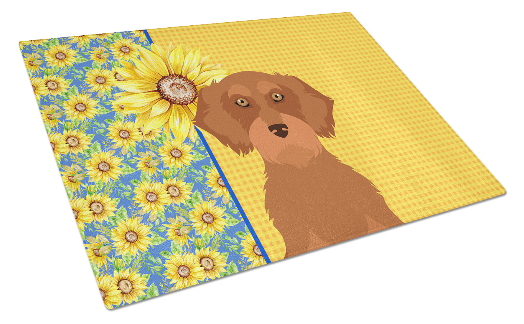 Summer Sunflowers Wirehair Red Dachshund Glass Cutting Board Decorative Tempered Glass Kitchen Cutting and Serving Board Large Size Chopping Board