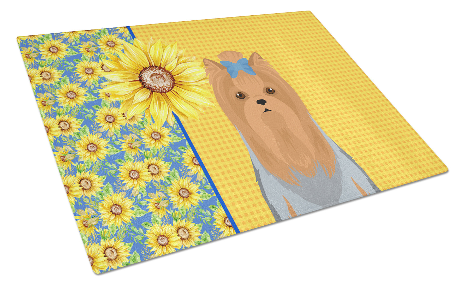 Summer Sunflowers Blue and Tan Full Coat Yorkshire Terrier Glass Cutting Board Decorative Tempered Glass Kitchen Cutting and Serving Board Large Size Chopping Board